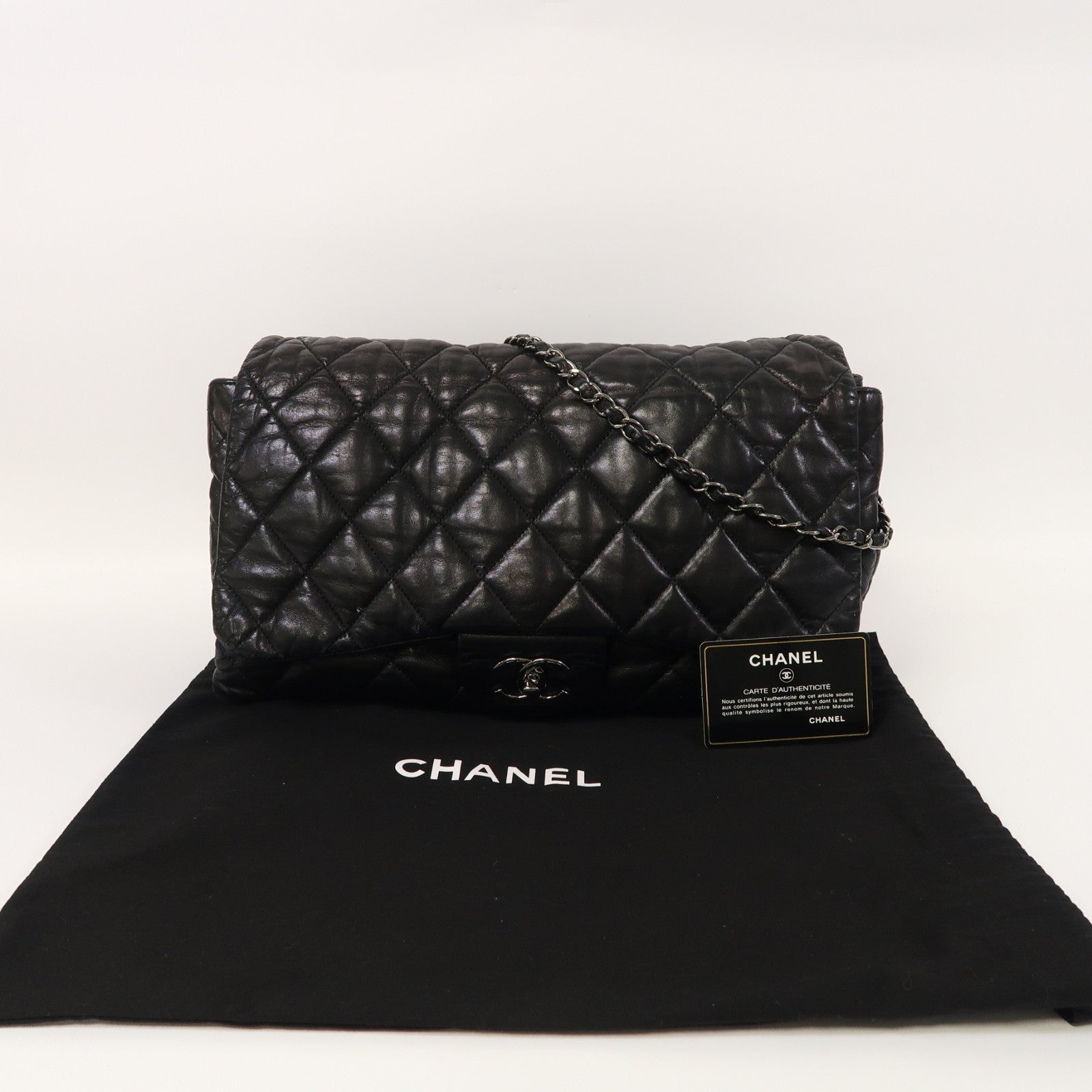 CHANEL 菱格羊皮皮革Chain Shoulder銀扣鏈帶肩背袋黑色