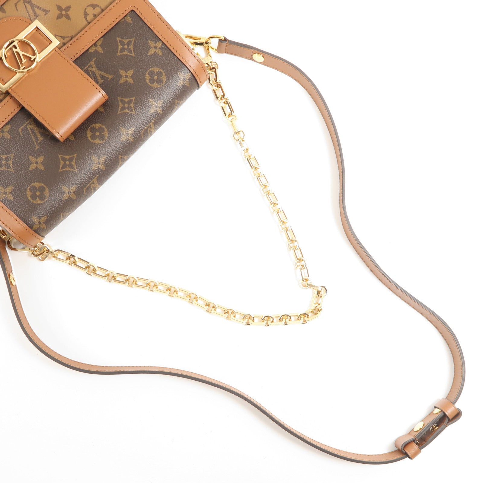 LOUIS VUITTON Monogram/Monogram Reverse Dauphine MM金扣手挽肩背兩用袋棕色