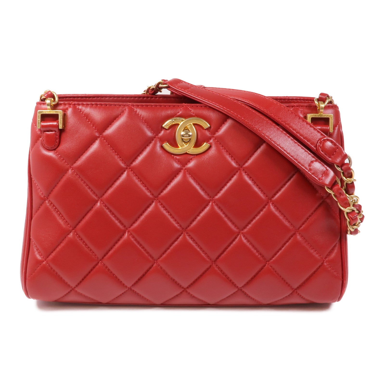 CHANEL CC GHW Materasse Chain Shoulder Bag Calfskin Leather Red