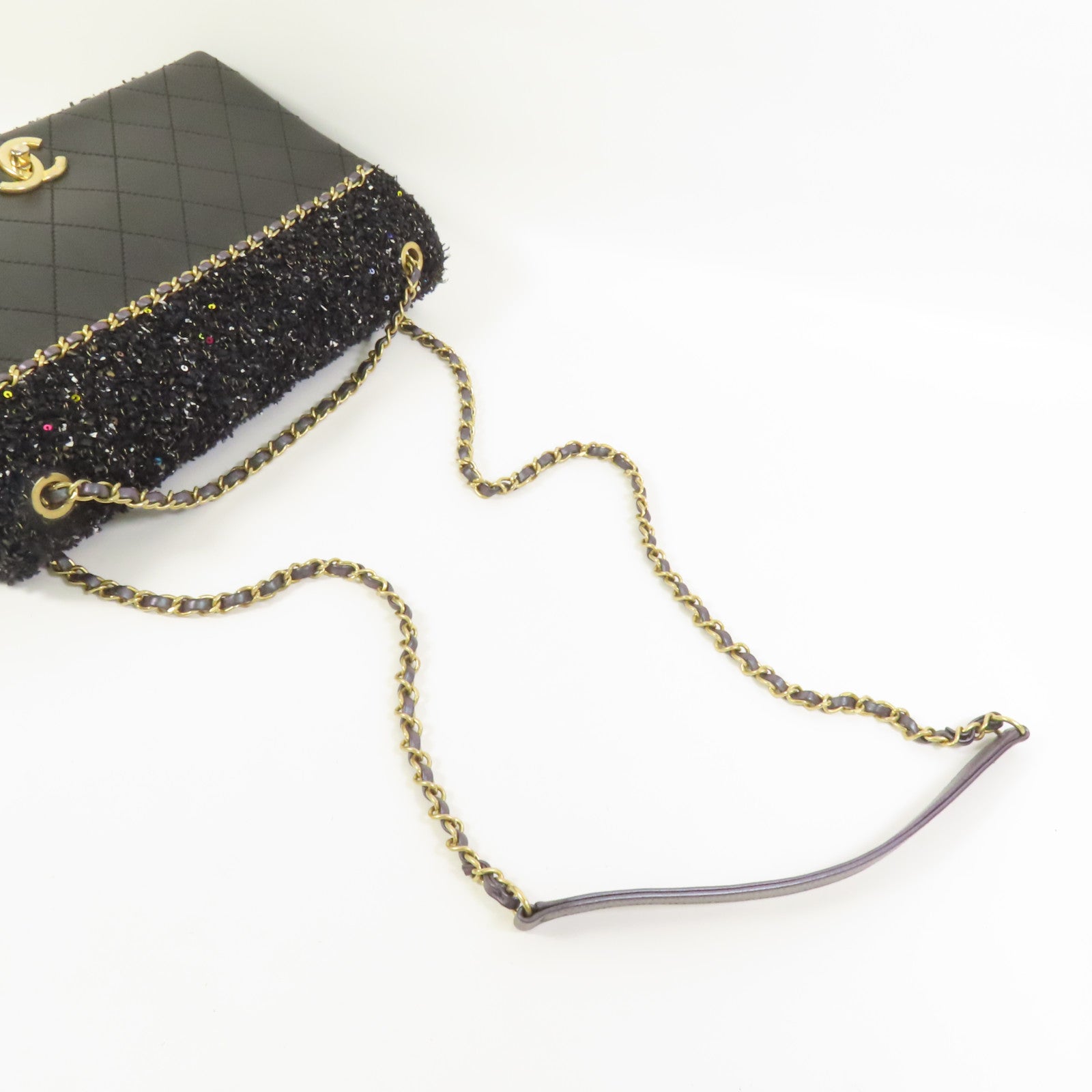 CHANEL Tweed/牛皮皮革2 Way Shoulder金扣鏈帶手挽肩背兩用袋