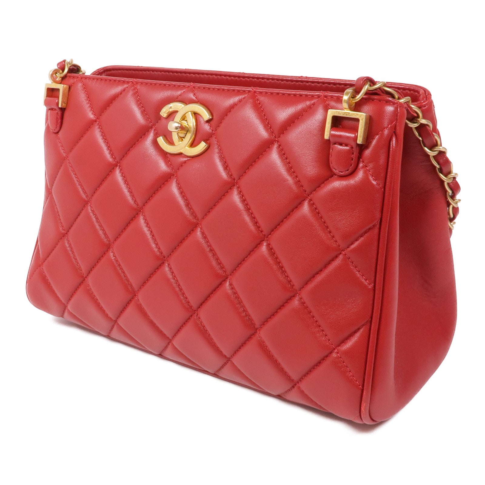 CHANEL CC GHW Materasse Chain Shoulder Bag Calfskin Leather Red