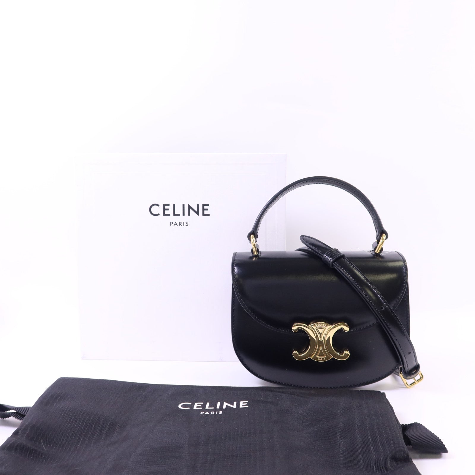 CELINE 牛皮皮革Mini Besace Clea金扣手挽肩背兩用袋