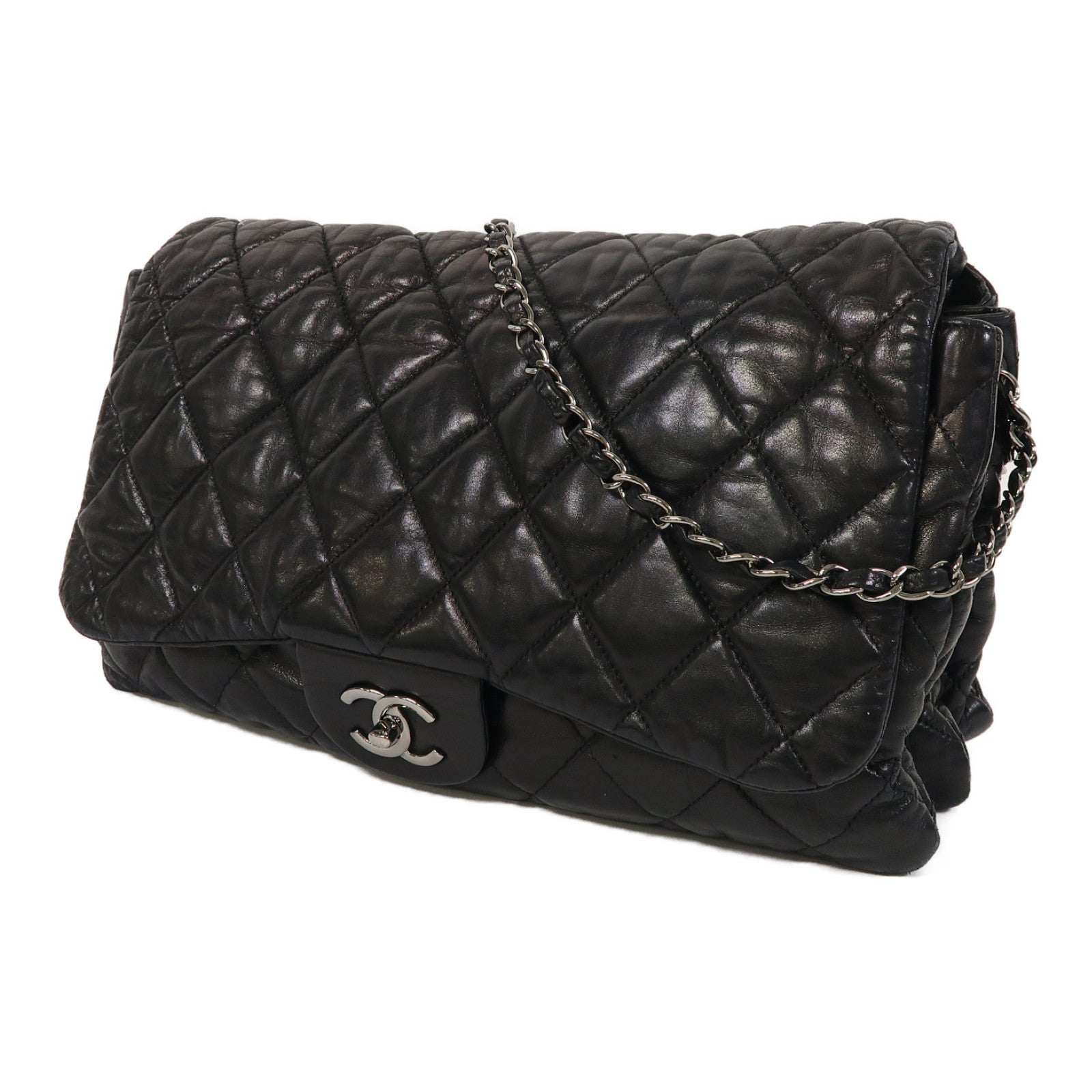 CHANEL 菱格羊皮皮革Chain Shoulder銀扣鏈帶肩背袋黑色