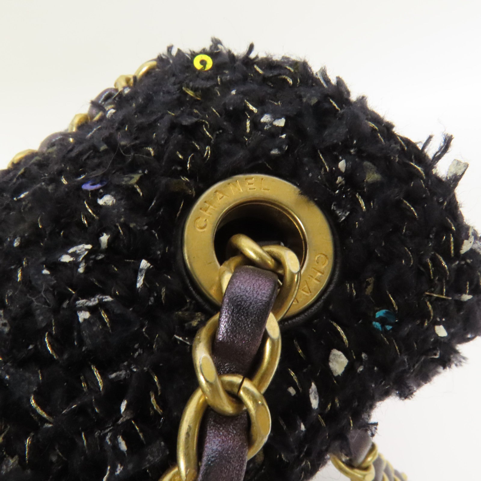 CHANEL Tweed/牛皮皮革2 Way Shoulder金扣鏈帶手挽肩背兩用袋
