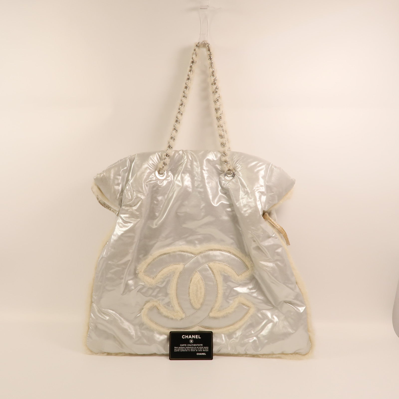 CHANEL PVC/羊毛Vinyl Mohair CC Bonbons Tote銀扣鏈帶肩背袋