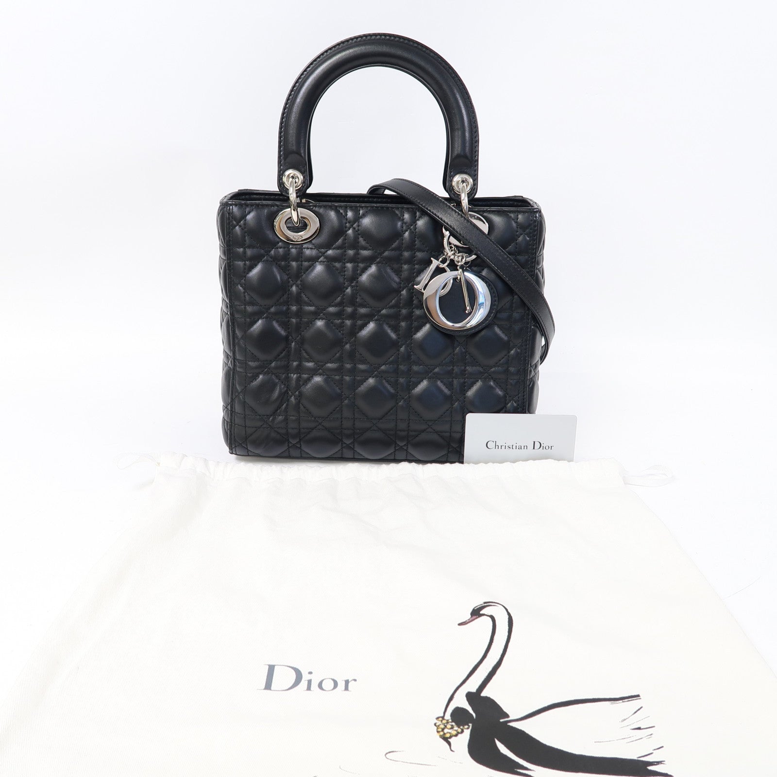 Dior 羊皮皮革Lady Dior銀扣手挽肩背兩用袋黑色– Brand Off Hong