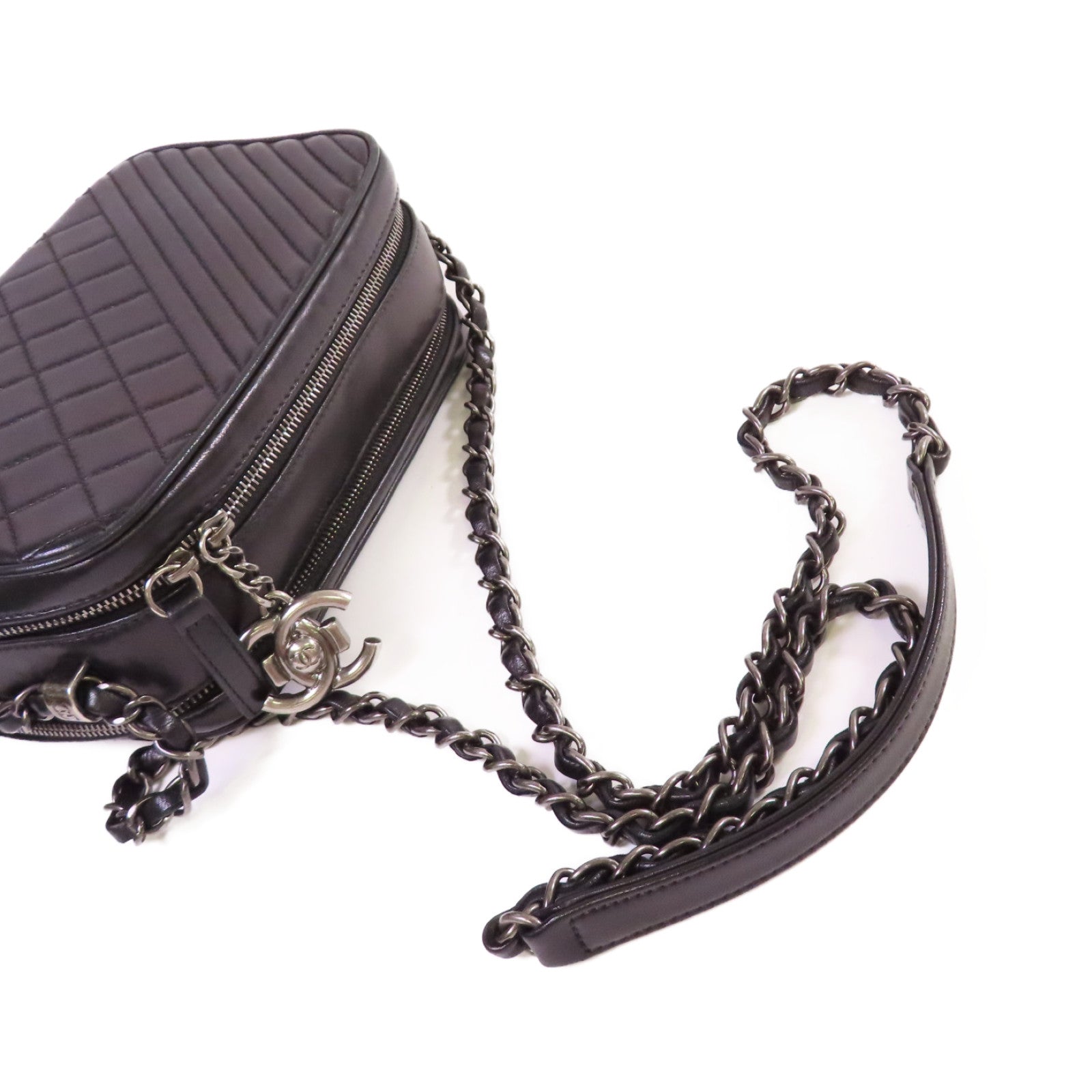 CHANEL 【激減優惠】斜紋/菱格牛皮皮革Coco Boy Camera Bag銀扣鏈帶肩背袋黑色