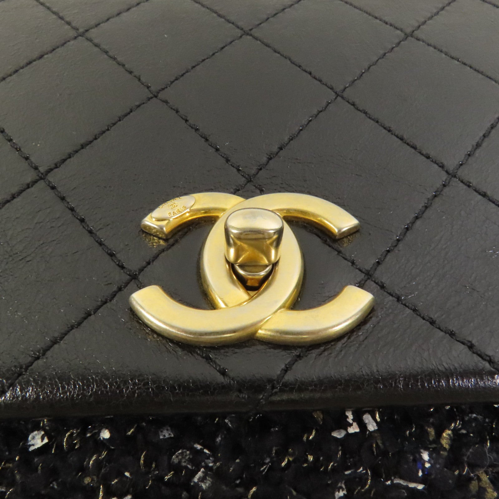 CHANEL Tweed/牛皮皮革2 Way Shoulder金扣鏈帶手挽肩背兩用袋