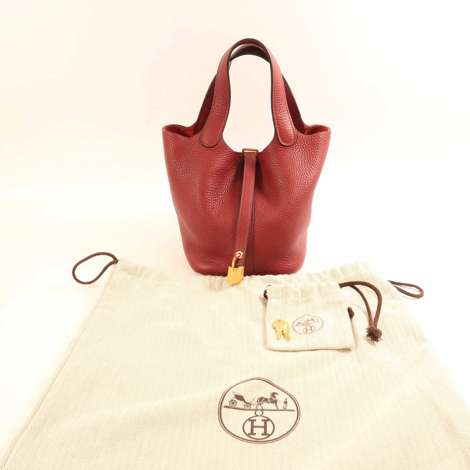 HERMES Clemence皮革Picotin PM金扣手挽袋Rouge Grenat