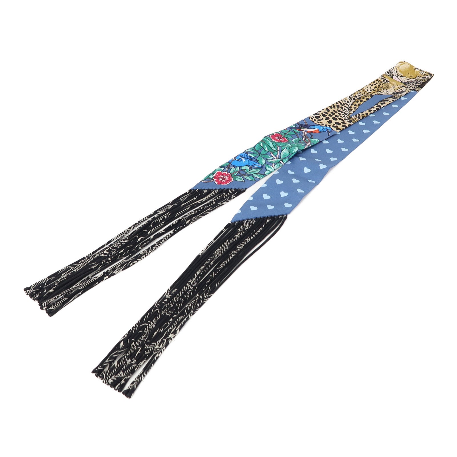 HERMES 絲質Fringed Twilly絲巾藍色/黑色