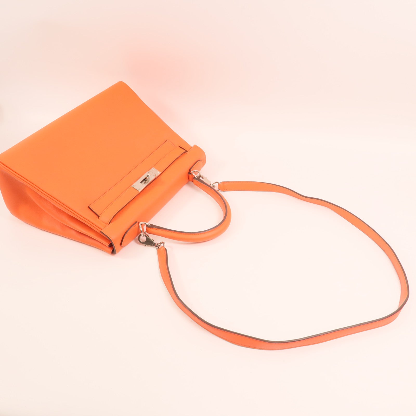 HERMES Evercolor皮革Kelly 28銀扣手挽肩背兩用袋Rose Texas