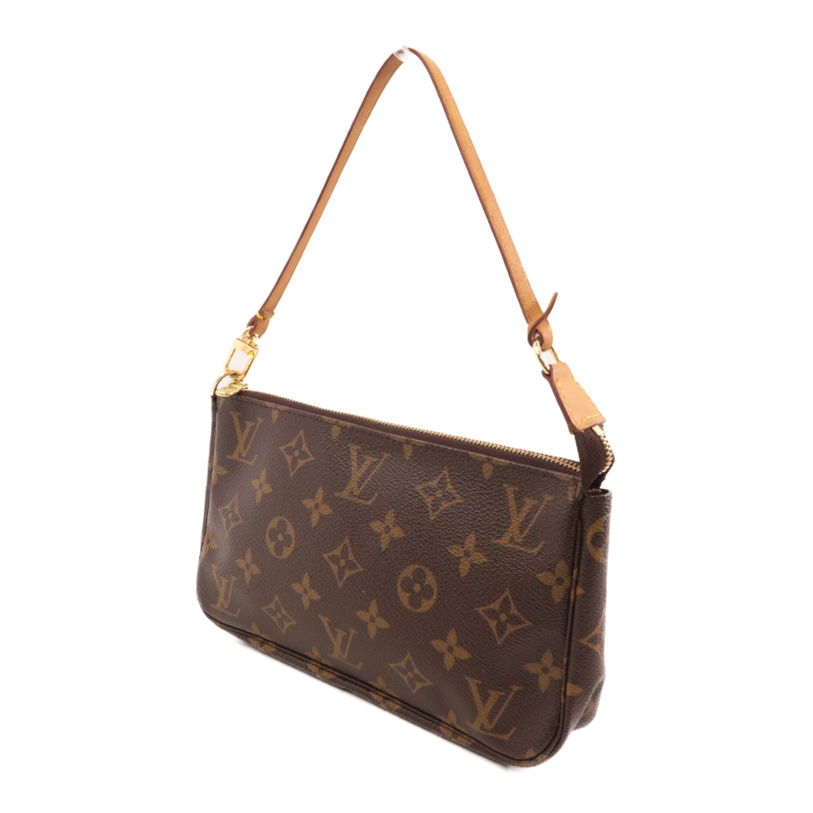 LOUIS VUITTON Monogram Pochette Accessoires金扣手挽袋棕色