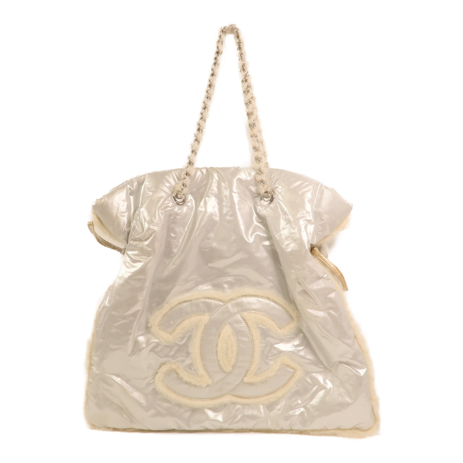 CHANEL PVC/羊毛Vinyl Mohair CC Bonbons Tote銀扣鏈帶肩背袋