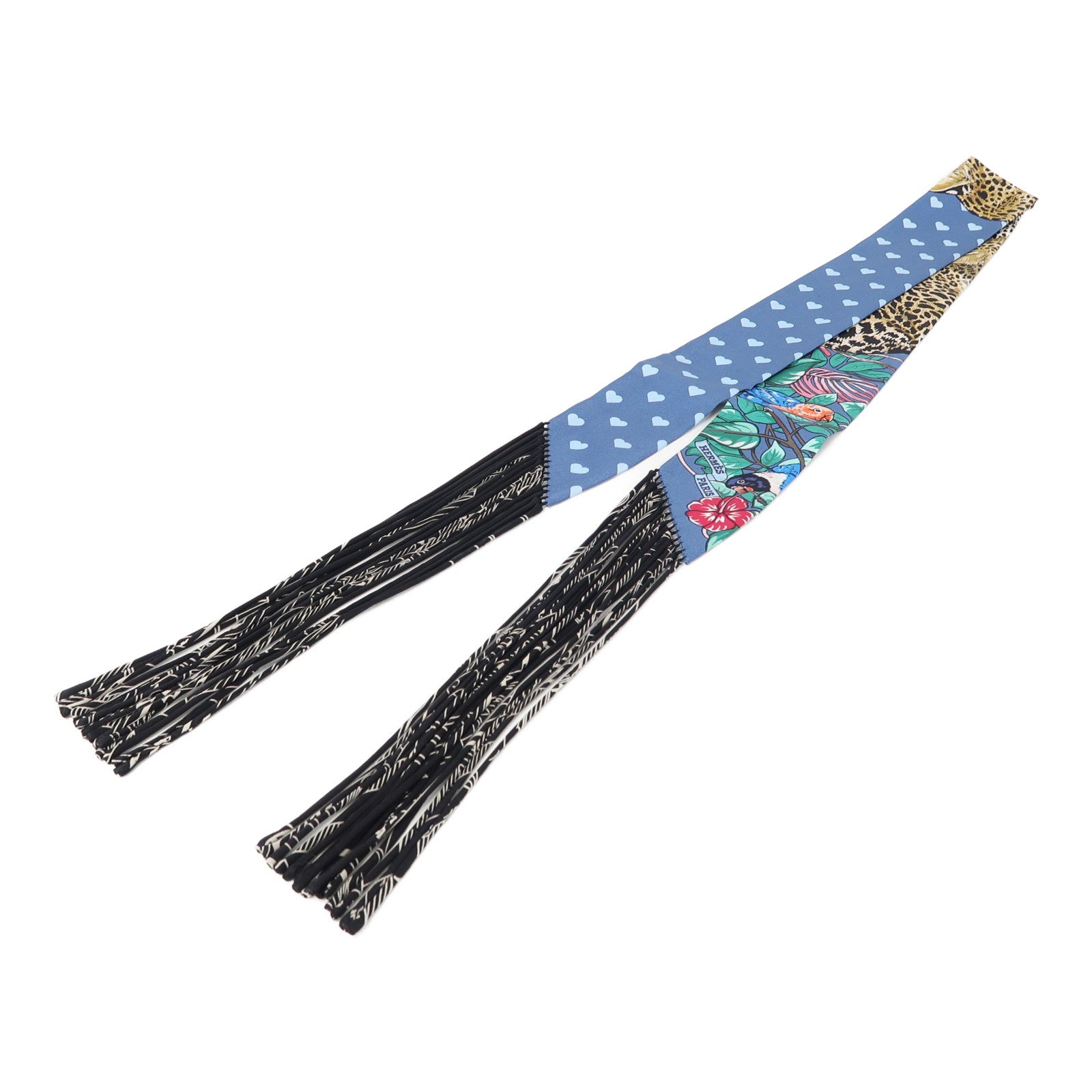 HERMES 絲質Fringed Twilly絲巾藍色/黑色