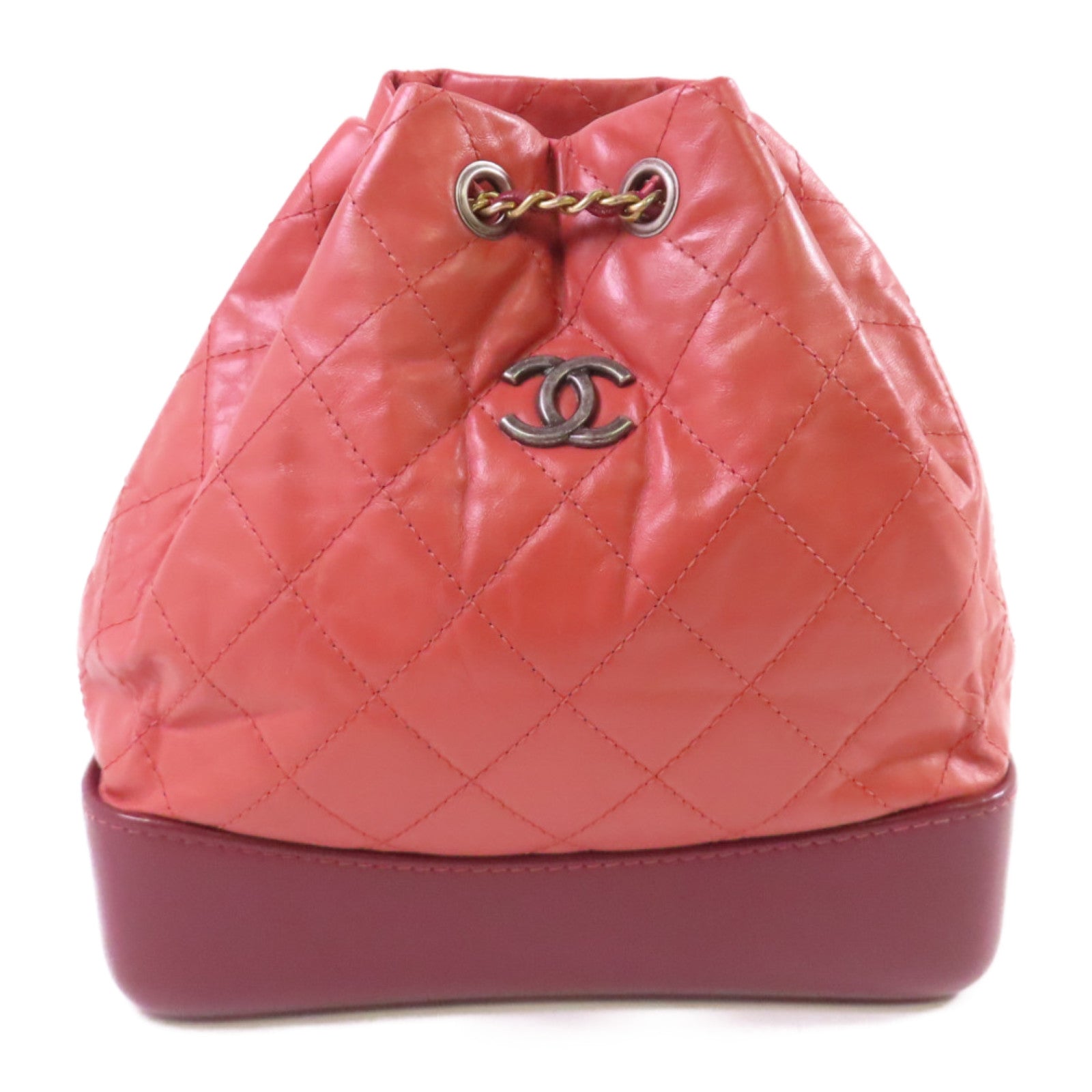 CHANEL 【激減優惠】菱格牛皮皮革Gabrielle Backpack銀扣背包酒紅色