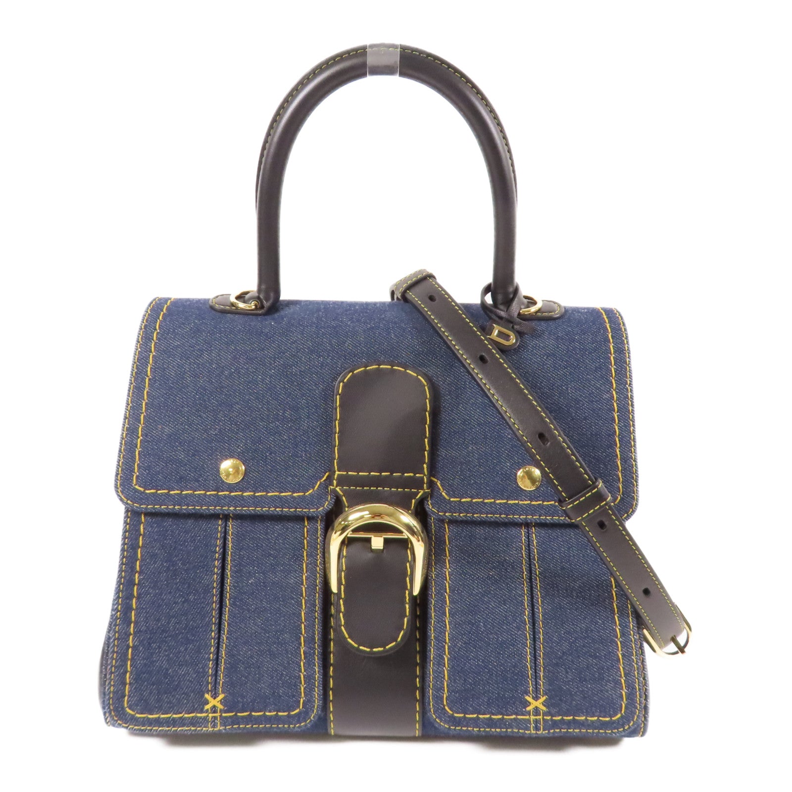 Delvaux 帆布Brillant Trench金扣手挽肩背兩用袋黑色/藍色