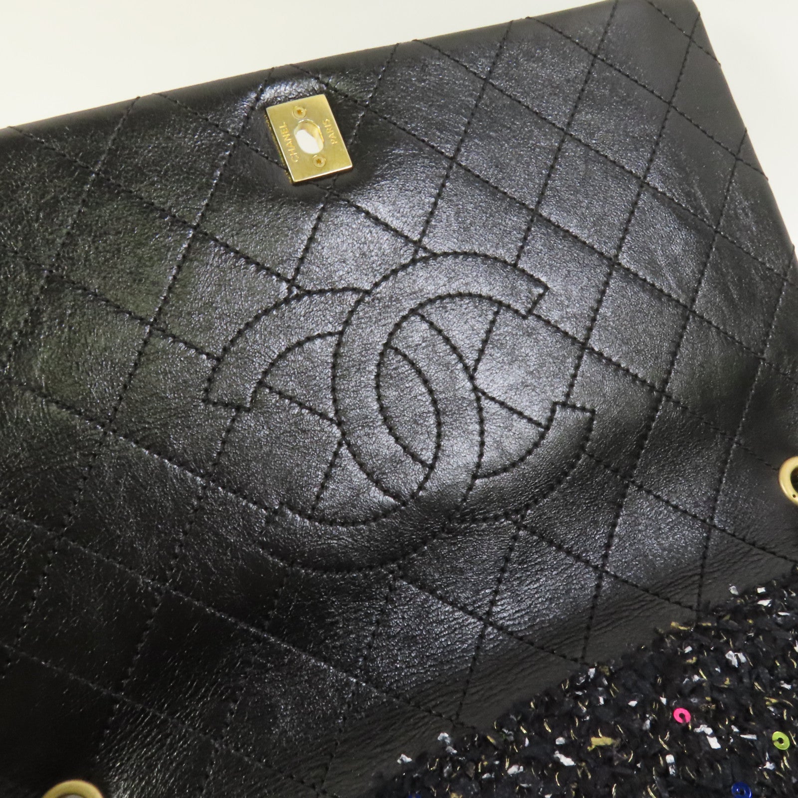 CHANEL Tweed/牛皮皮革2 Way Shoulder金扣鏈帶手挽肩背兩用袋