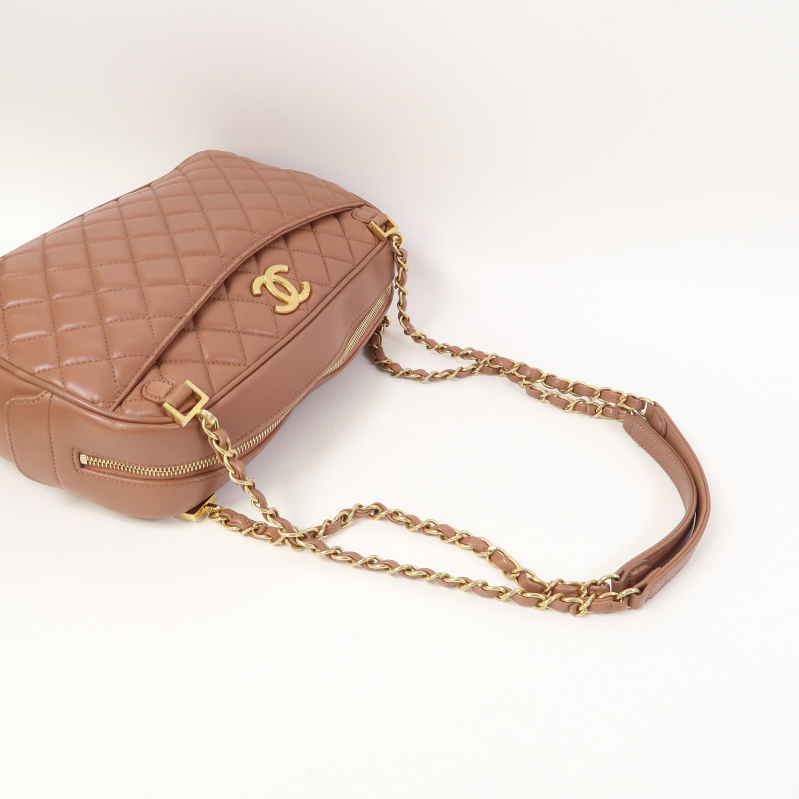 CHANEL 菱格牛皮皮革Chain Shoulder金扣鏈帶肩背袋粉紅色