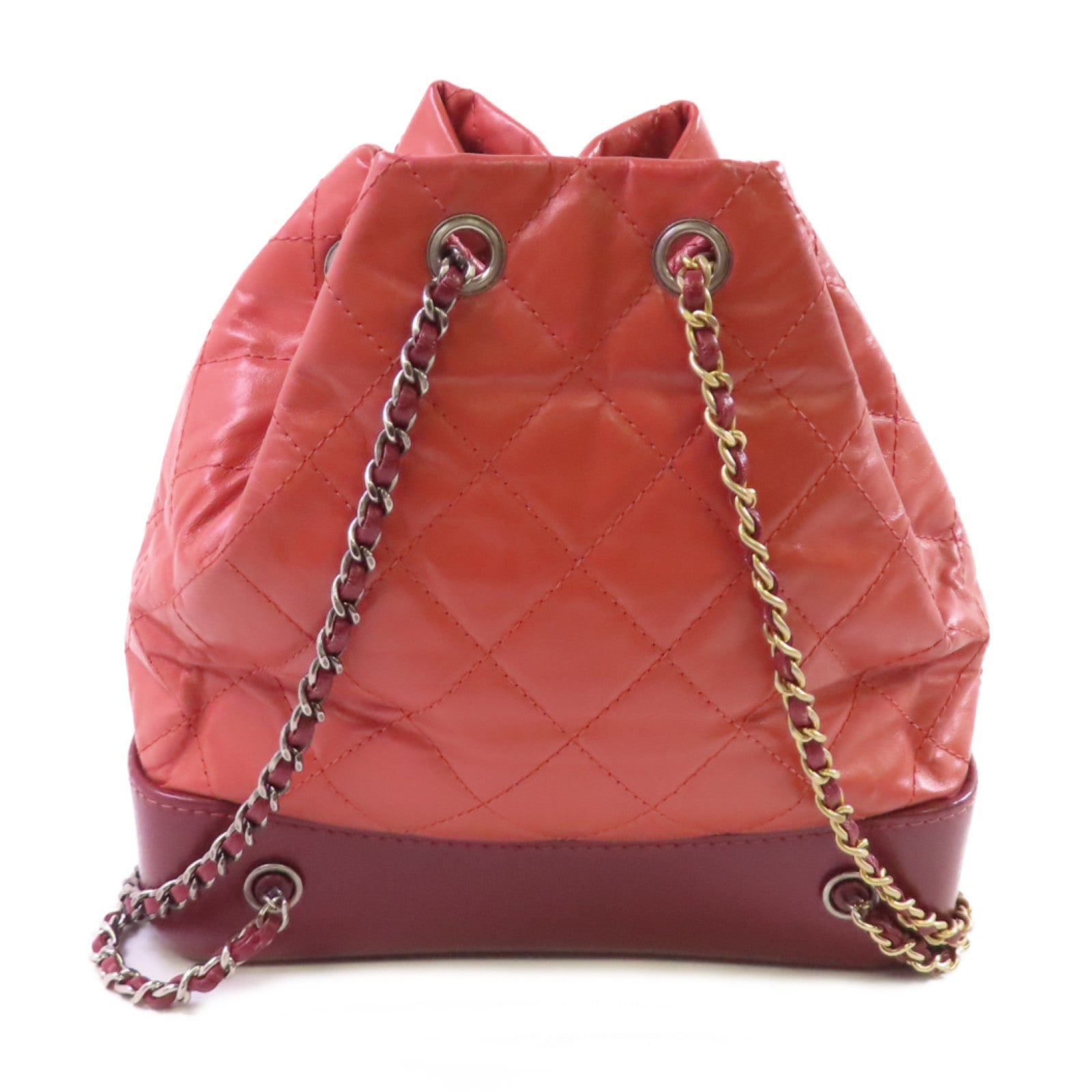 CHANEL 【激減優惠】菱格牛皮皮革Gabrielle Backpack銀扣背包酒紅色