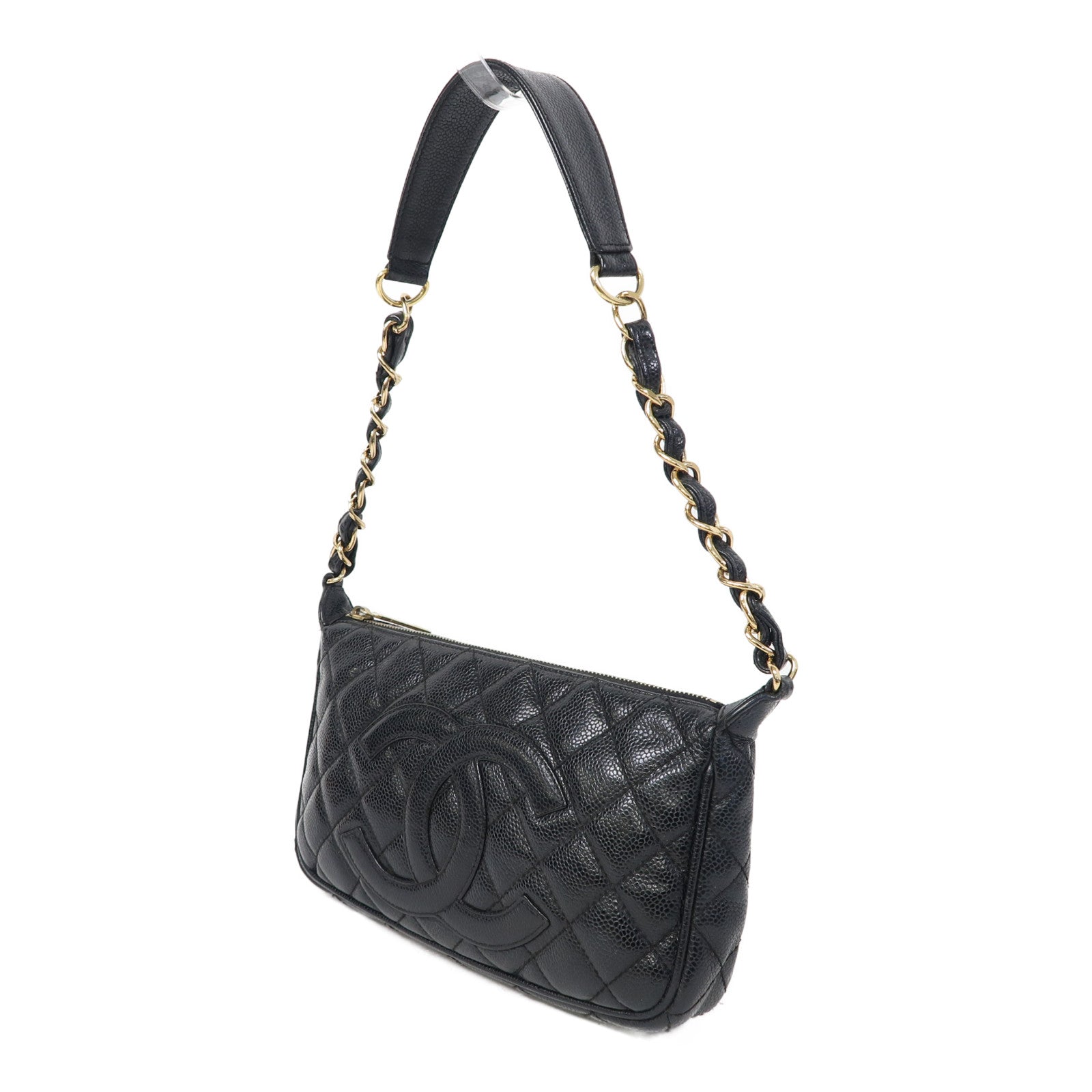 CHANEL 菱格Caviar皮革Vintage金扣鏈帶肩背袋黑色