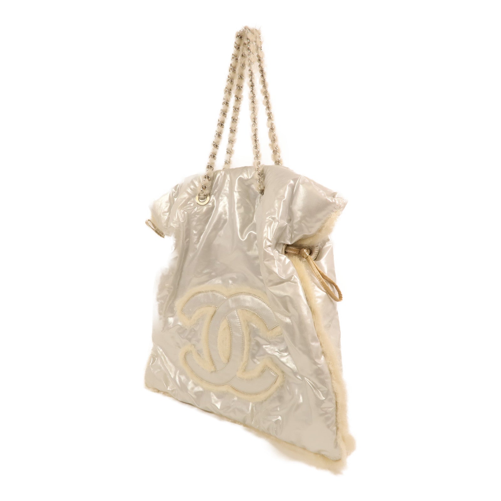 CHANEL PVC/羊毛Vinyl Mohair CC Bonbons Tote銀扣鏈帶肩背袋