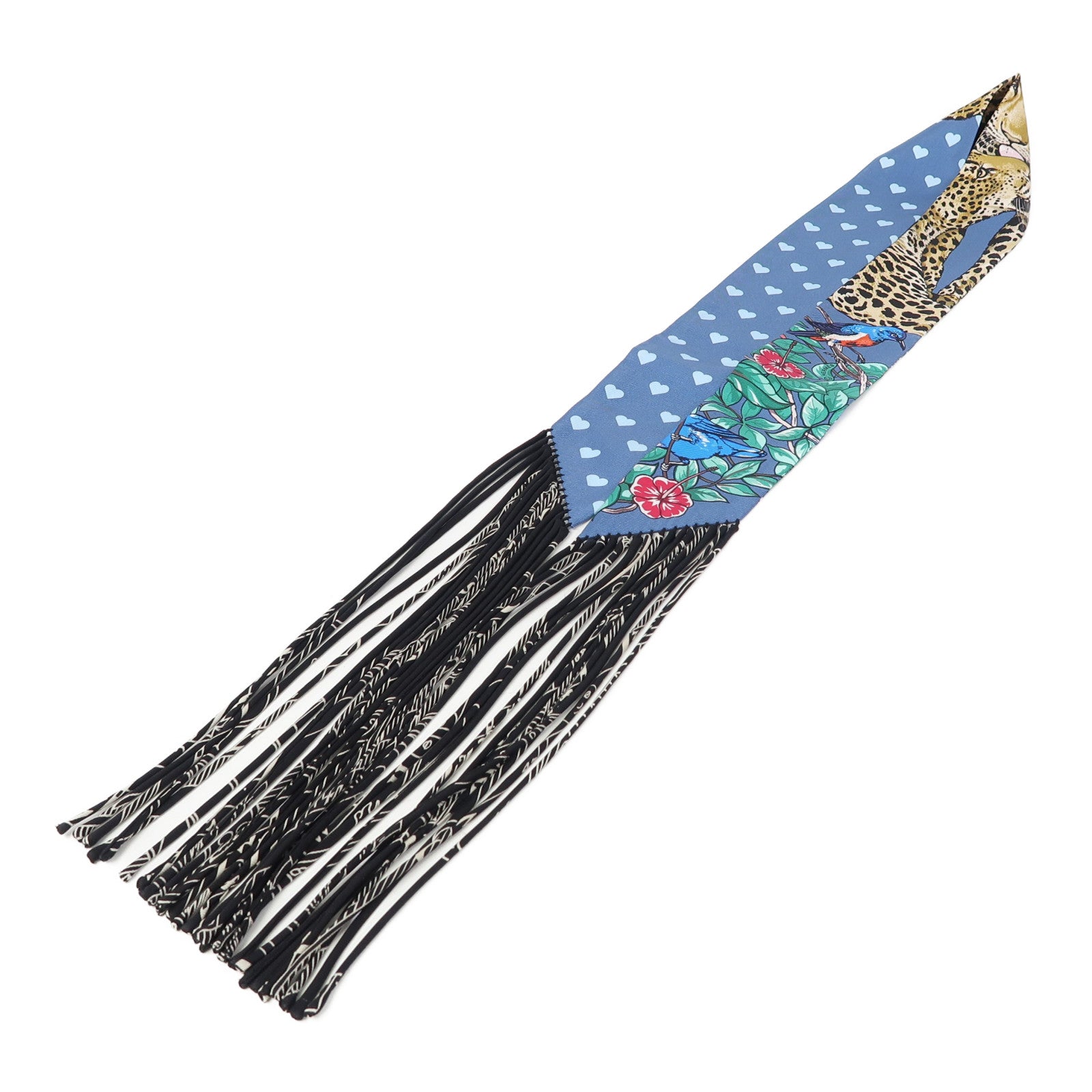HERMES 絲質Fringed Twilly絲巾藍色/黑色