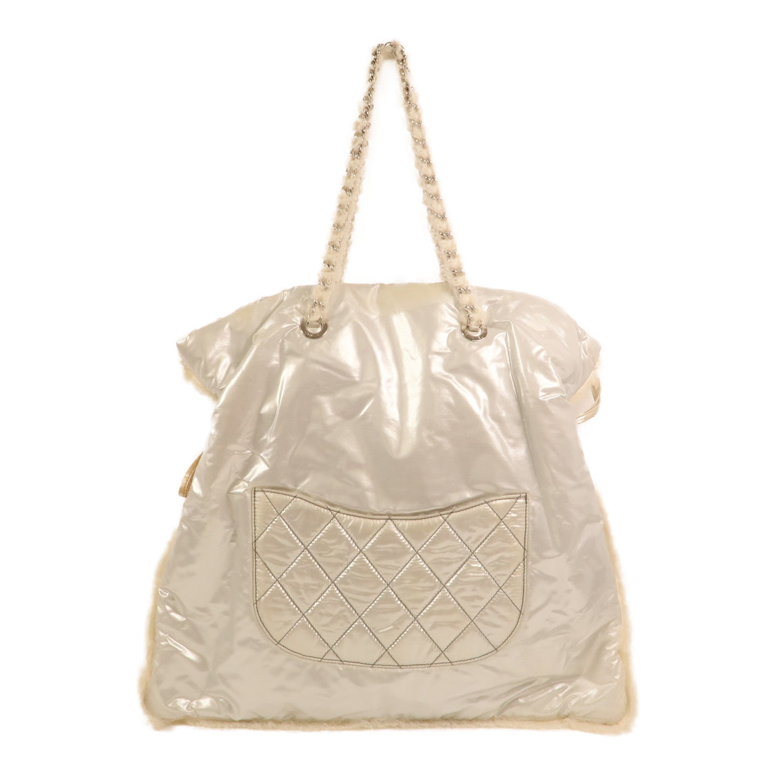CHANEL PVC/羊毛Vinyl Mohair CC Bonbons Tote銀扣鏈帶肩背袋