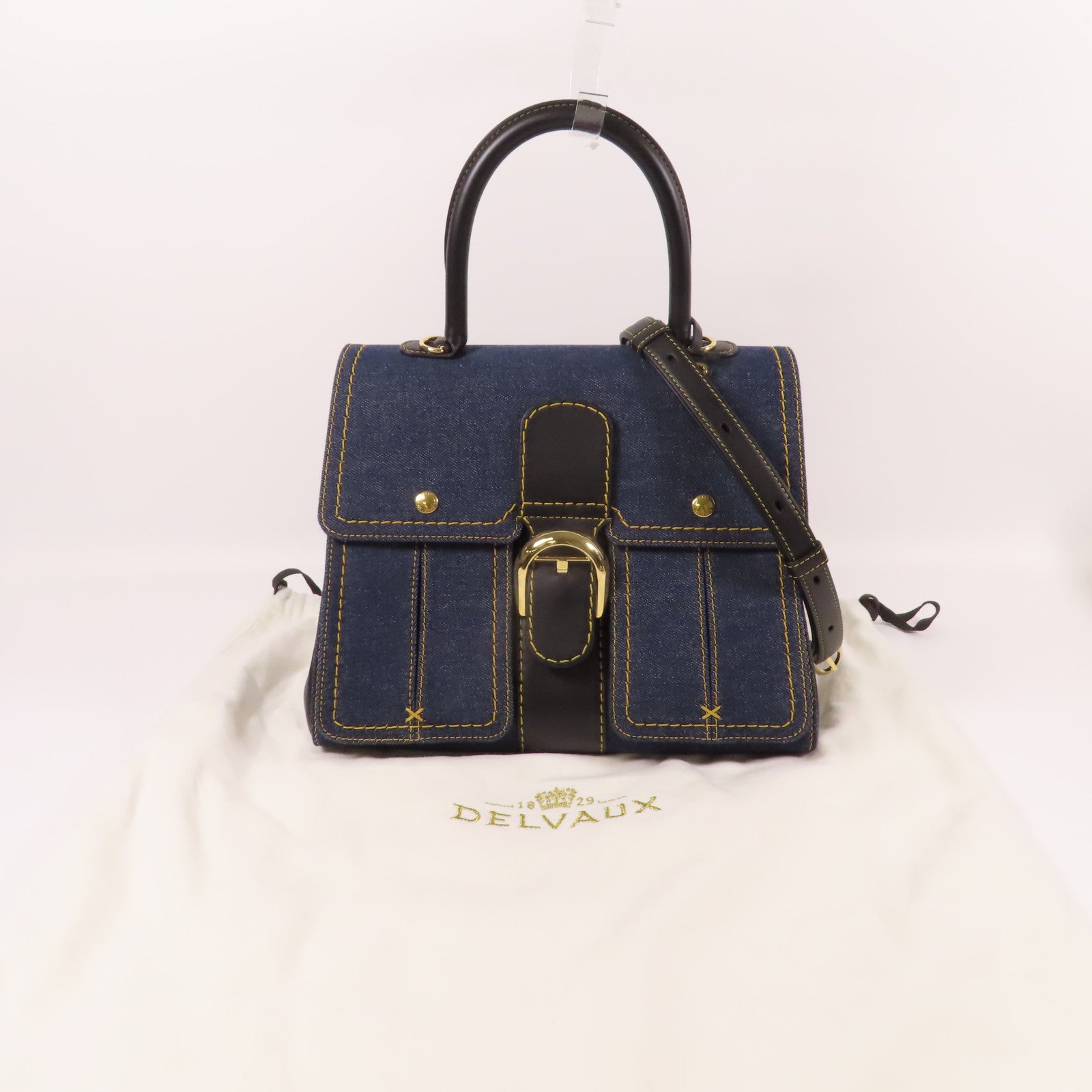 Delvaux 帆布Brillant Trench金扣手挽肩背兩用袋黑色/藍色