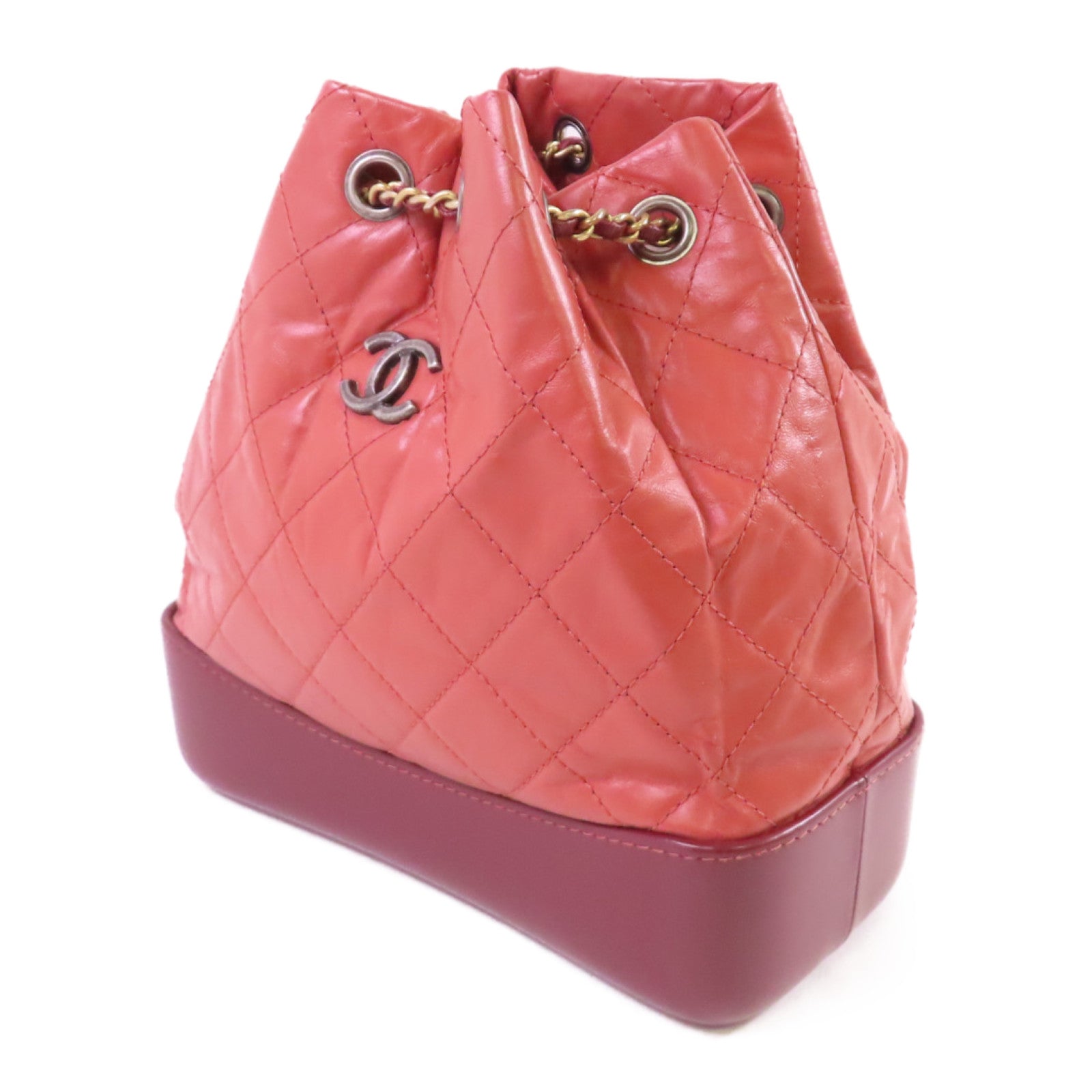 CHANEL 【激減優惠】菱格牛皮皮革Gabrielle Backpack銀扣背包酒紅色