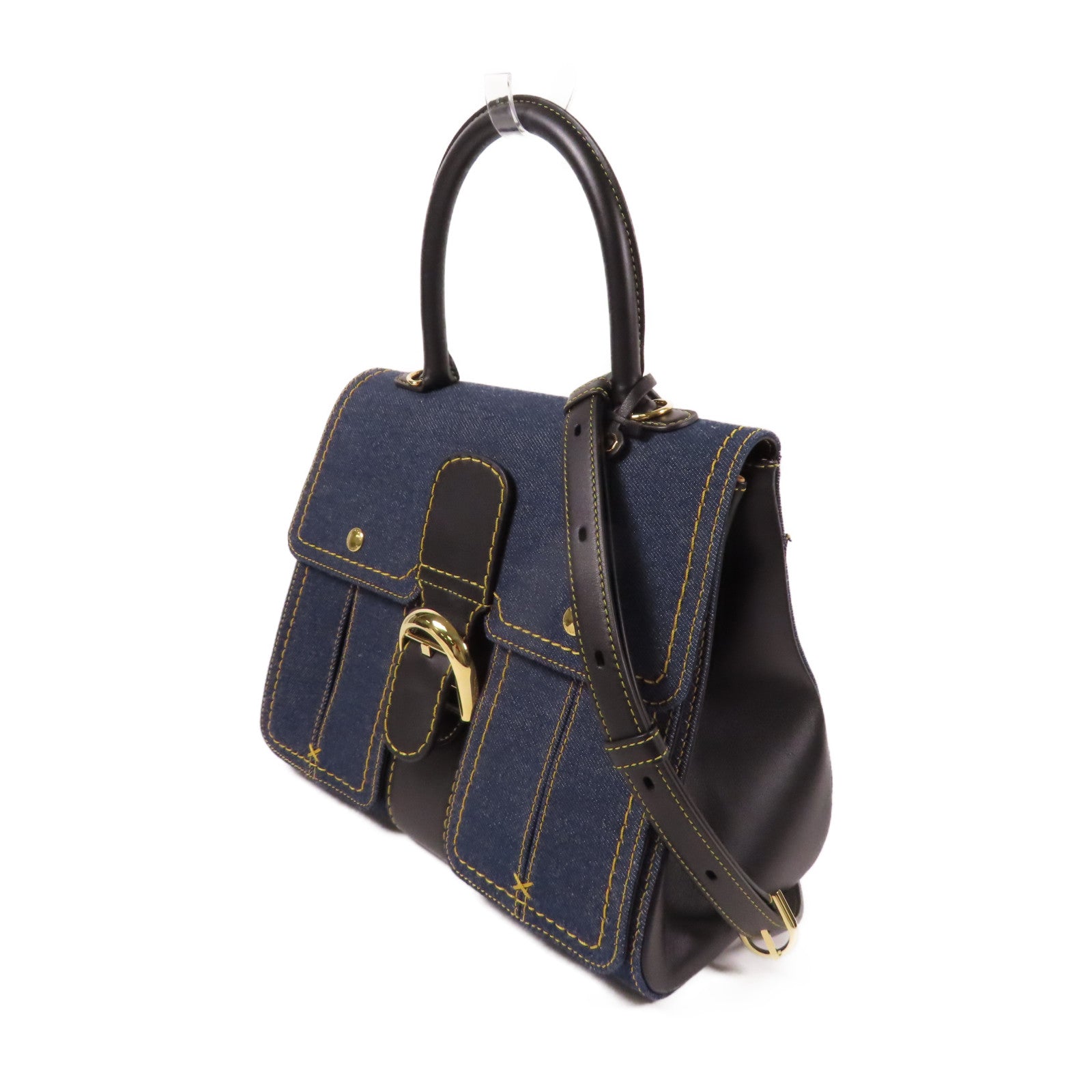 Delvaux 帆布Brillant Trench金扣手挽肩背兩用袋黑色/藍色