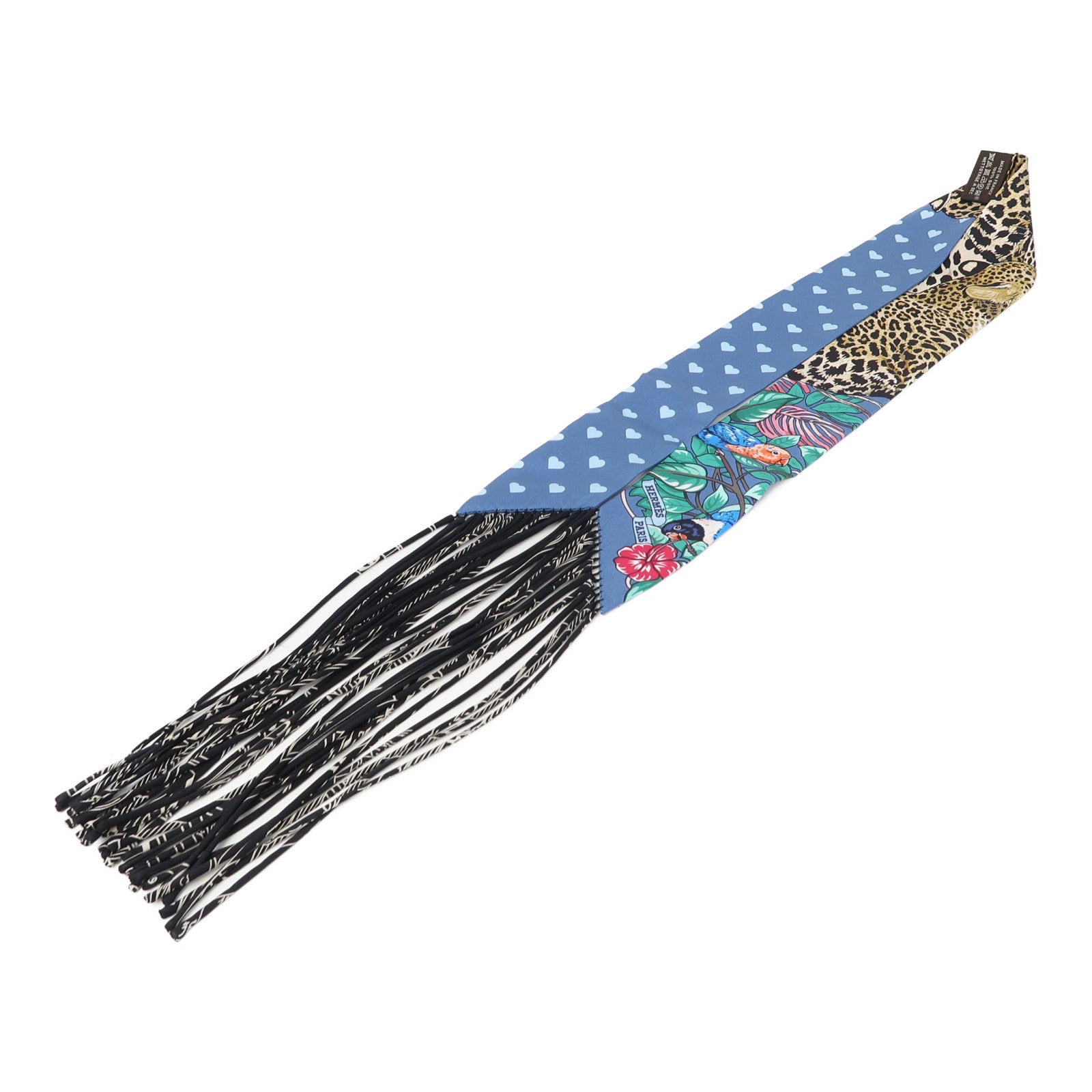 HERMES 絲質Fringed Twilly絲巾藍色/黑色