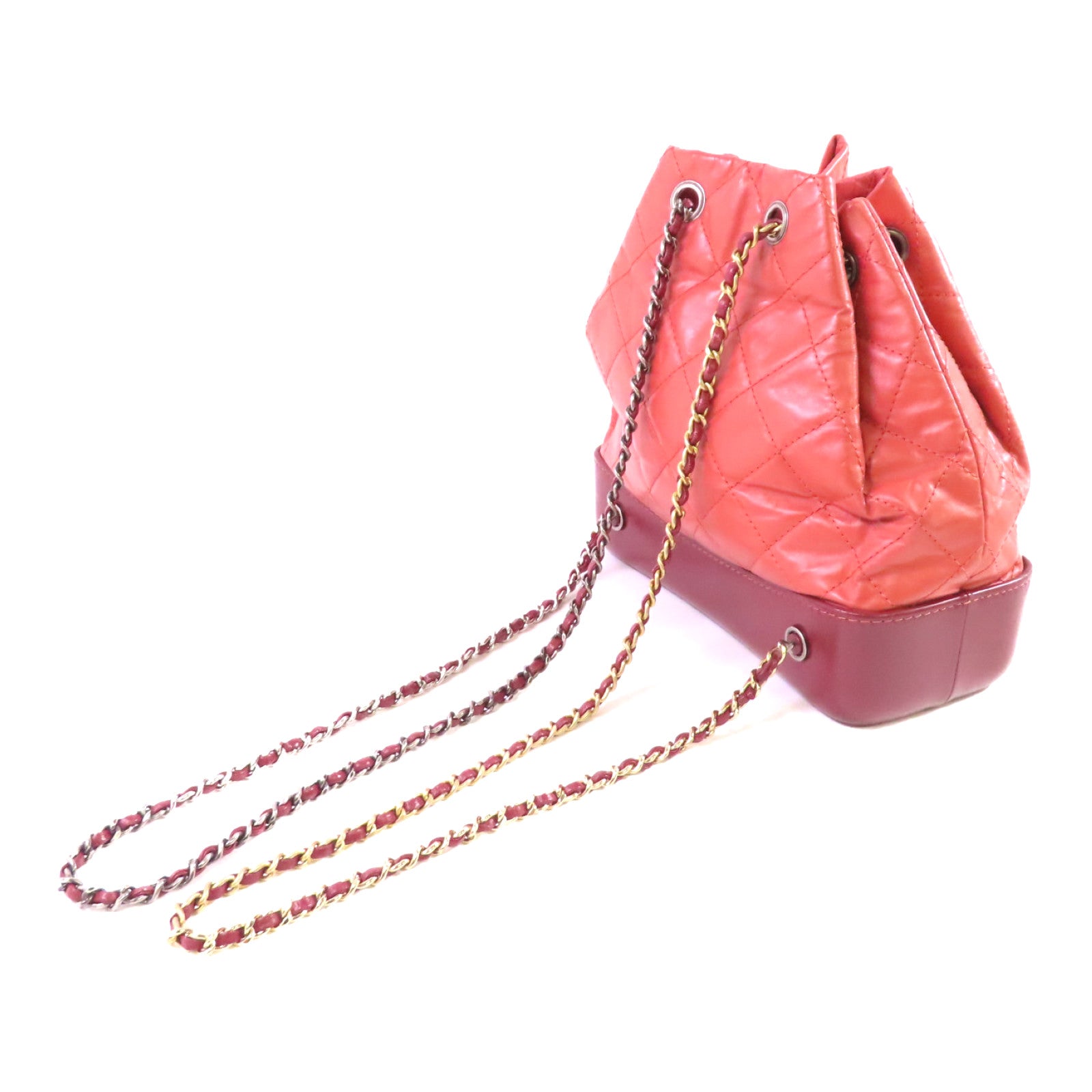 CHANEL 【激減優惠】菱格牛皮皮革Gabrielle Backpack銀扣背包酒紅色