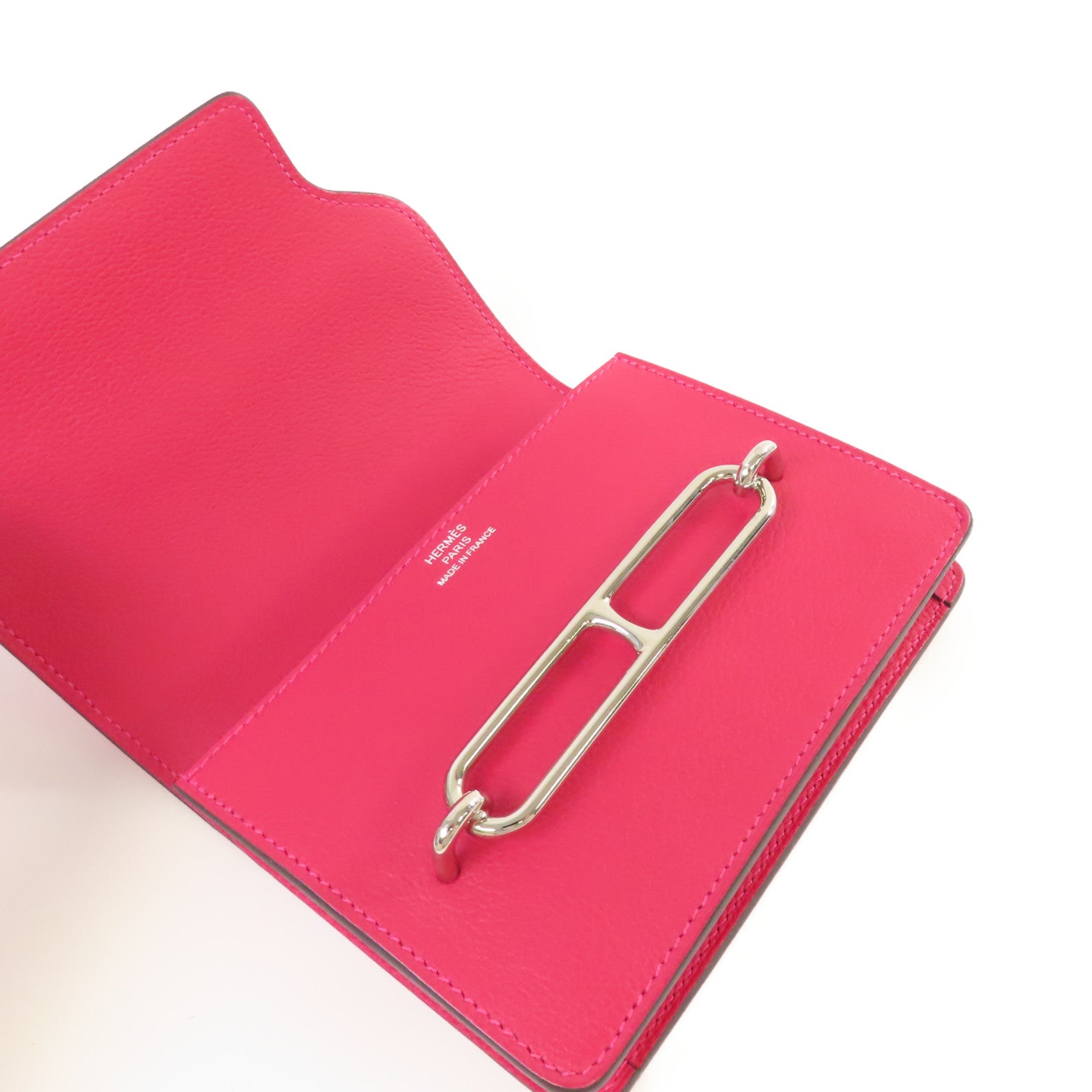 HERMES Evercolor皮革Roulis Slim Wallet銀扣鏈帶肩背袋Framboise覆盆子紅色
