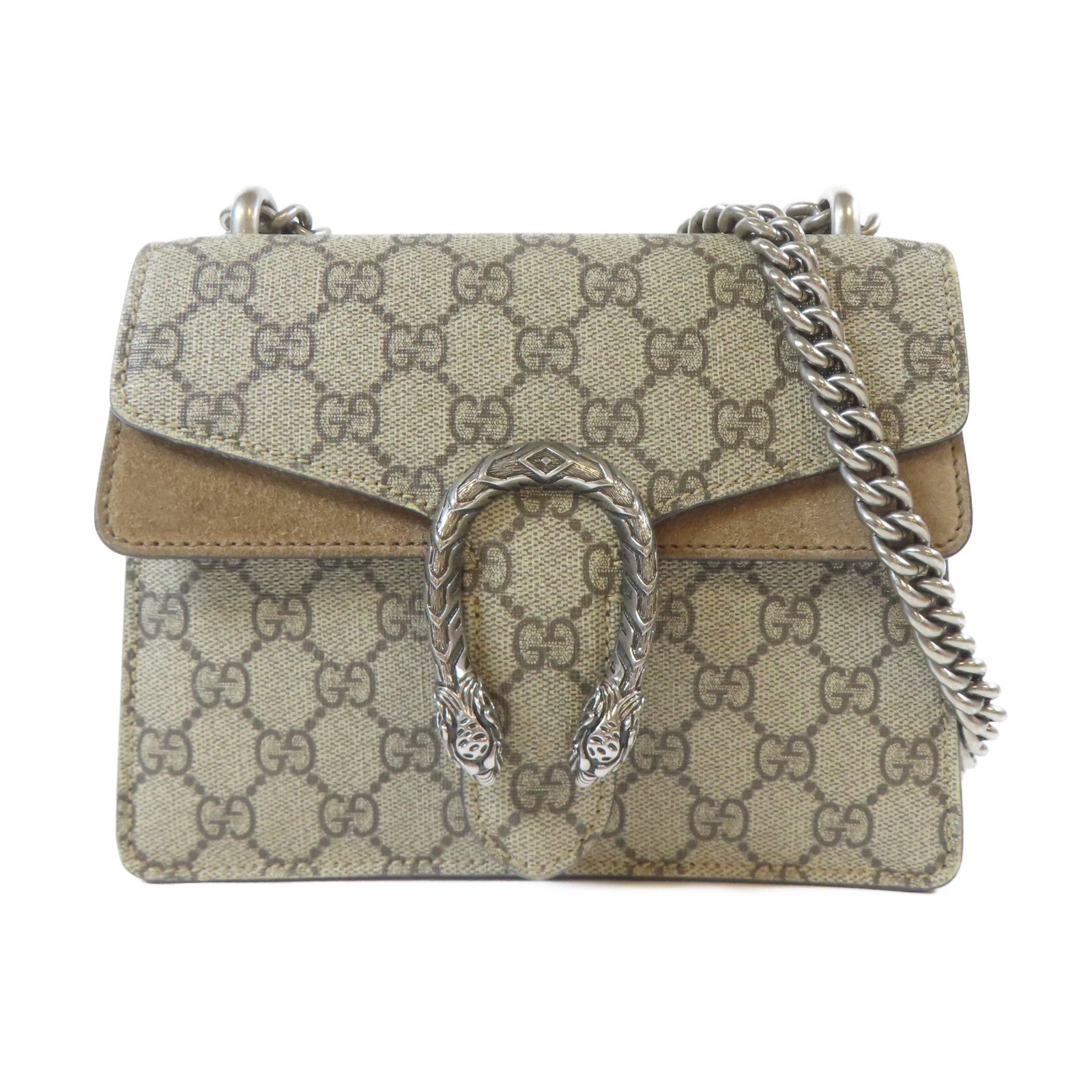GUCCI 塗層帆布Dionysus Mini銀扣鏈帶肩背袋啡色