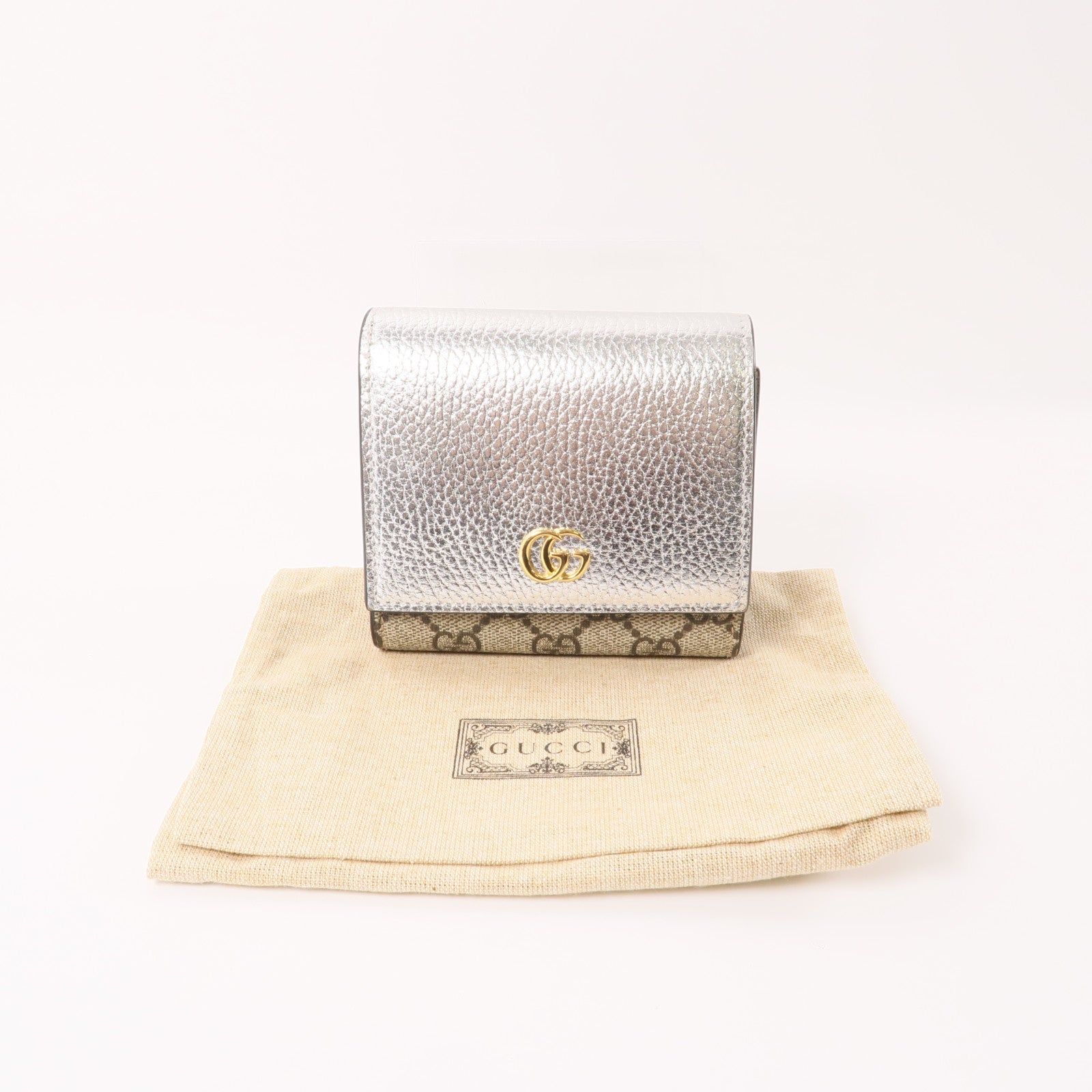 GUCCI 塗層帆布GG Marmont Wallet金扣錢包棕色/銀色