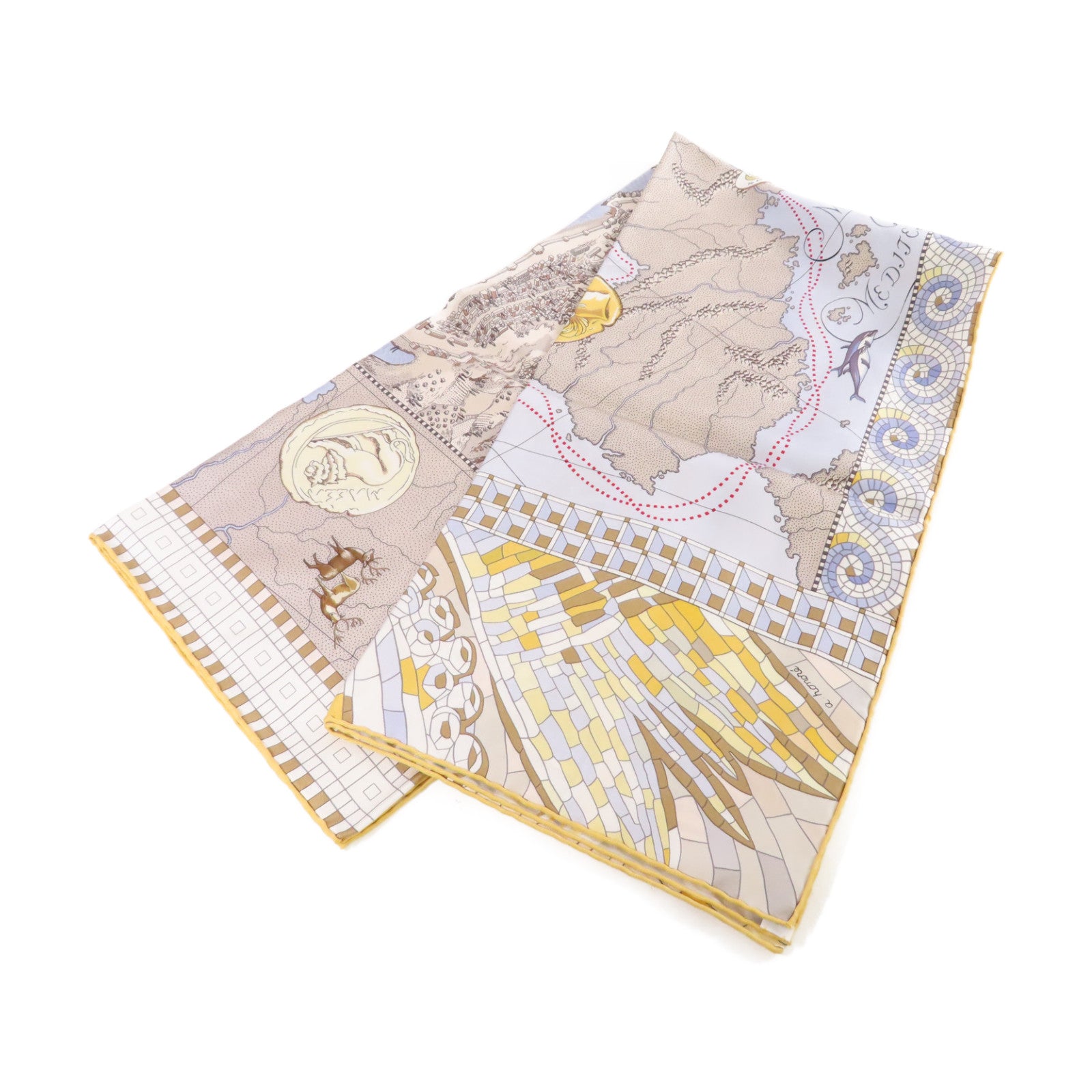 HERMES 絲質90x90 Scarf絲巾黃色/灰色/彩色