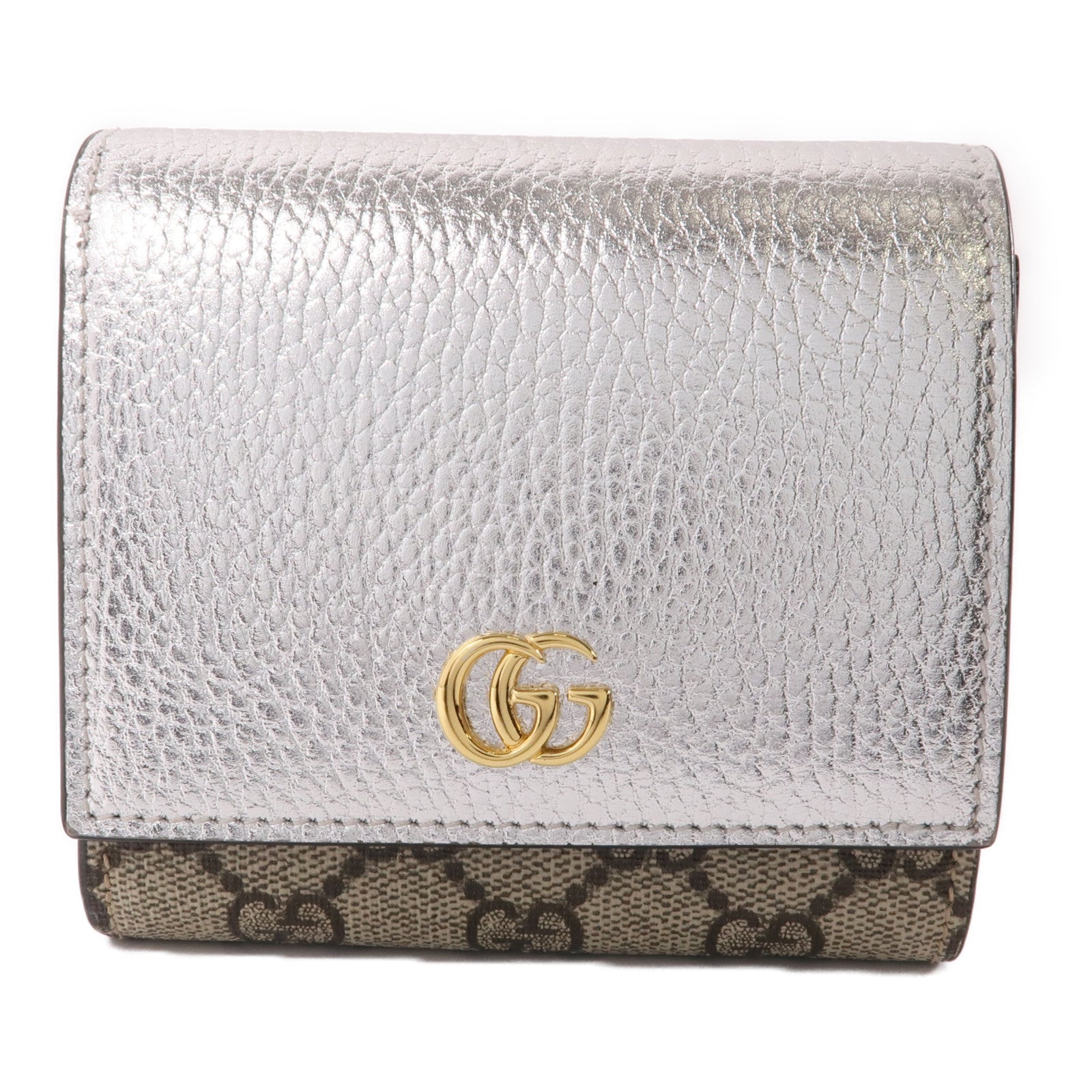 GUCCI 塗層帆布GG Marmont Wallet金扣錢包棕色/銀色