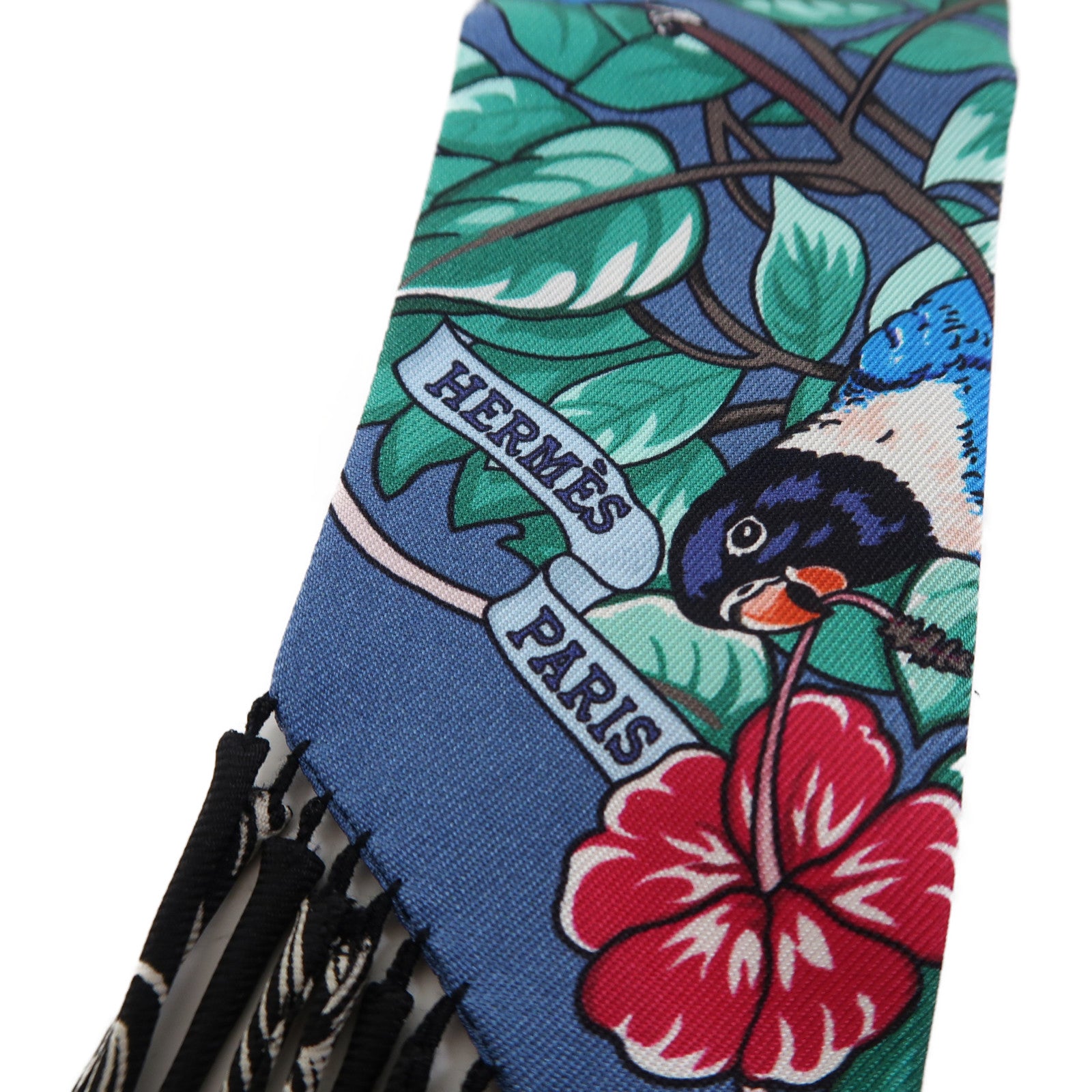 HERMES 絲質Fringed Twilly絲巾藍色/黑色