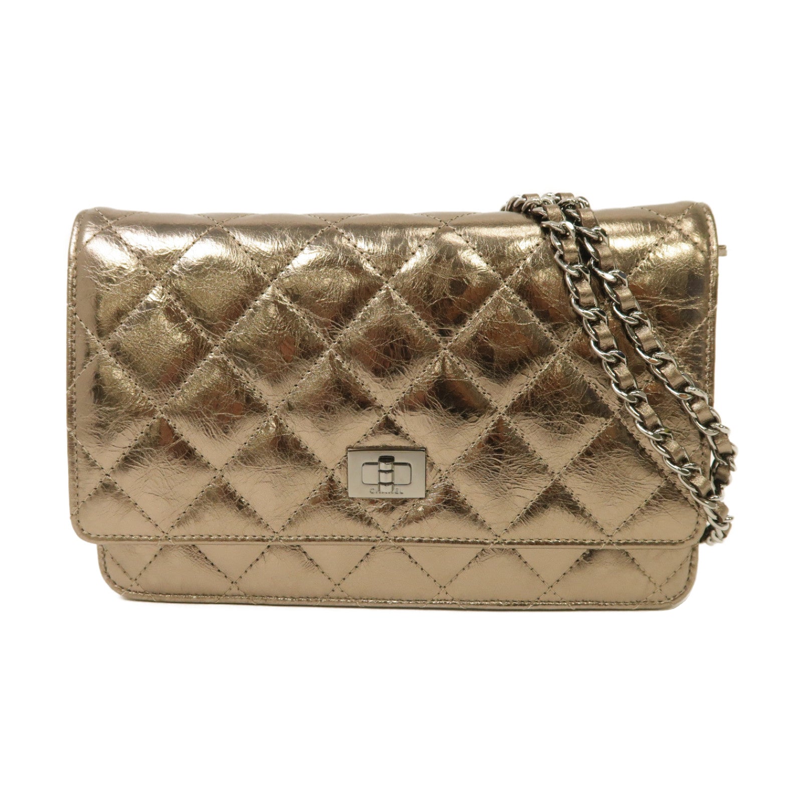 CHANEL 菱格皮革2.55 Wallet On Chain銀扣鏈帶肩背袋金色