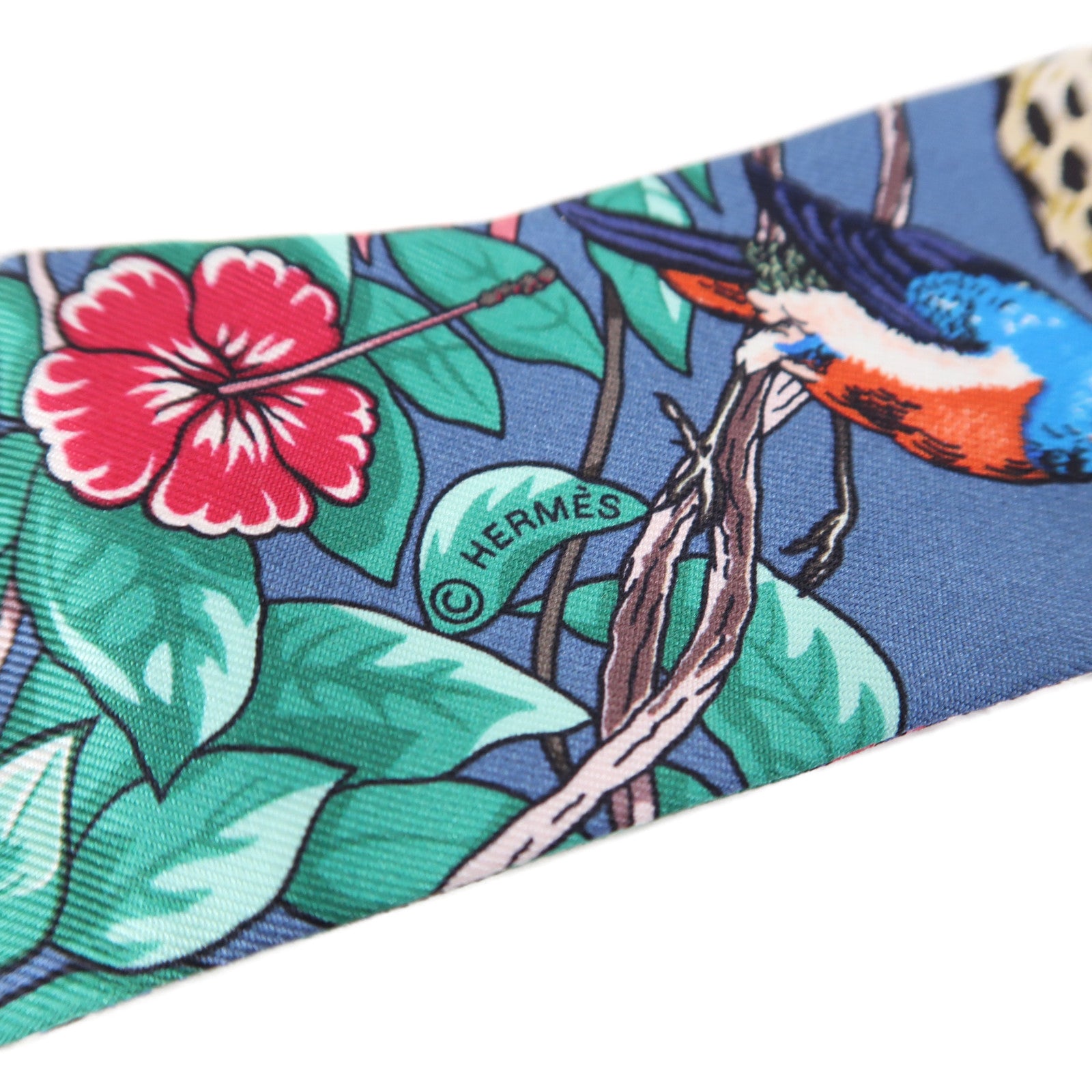 HERMES 絲質Fringed Twilly絲巾藍色/黑色