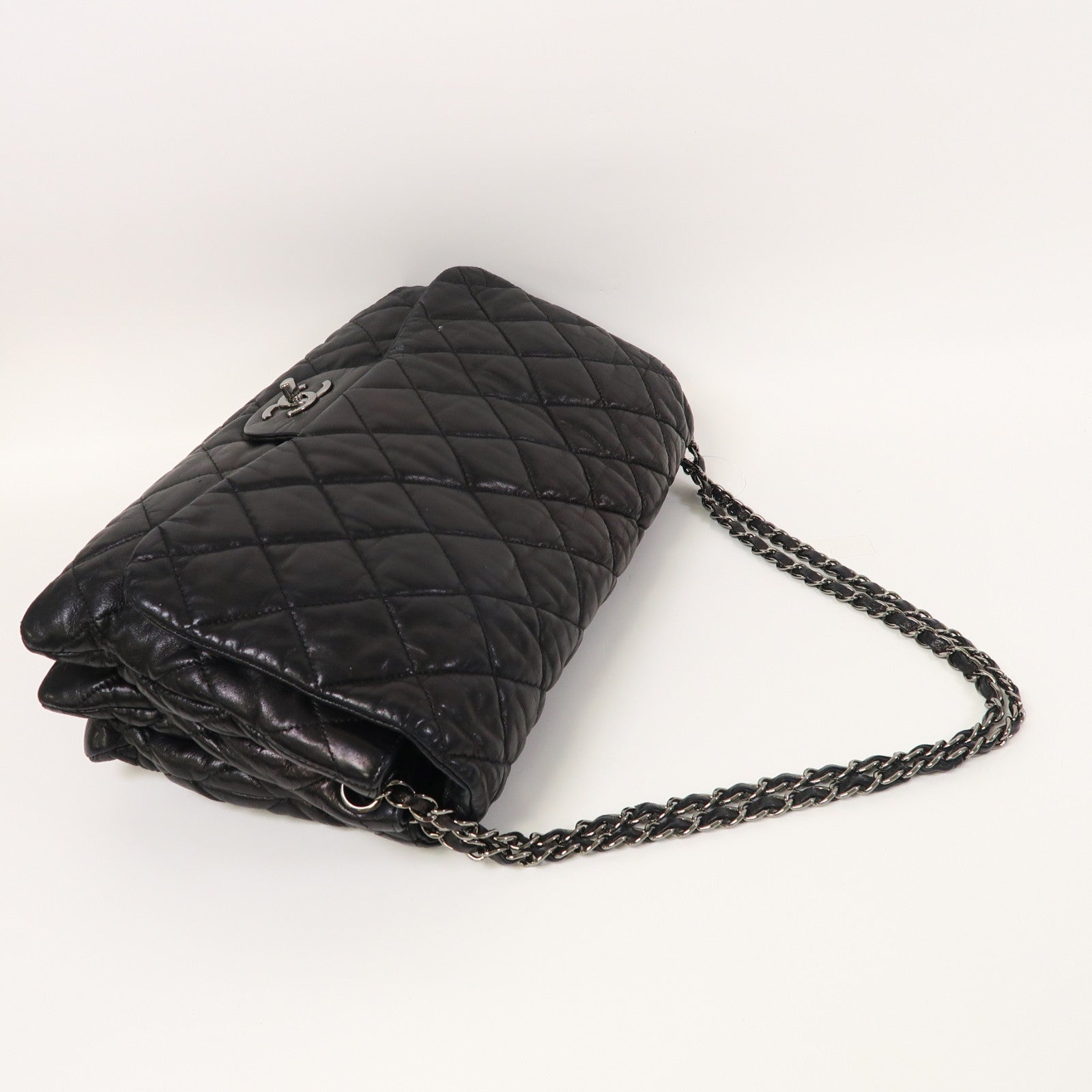 CHANEL 菱格羊皮皮革Chain Shoulder銀扣鏈帶肩背袋黑色