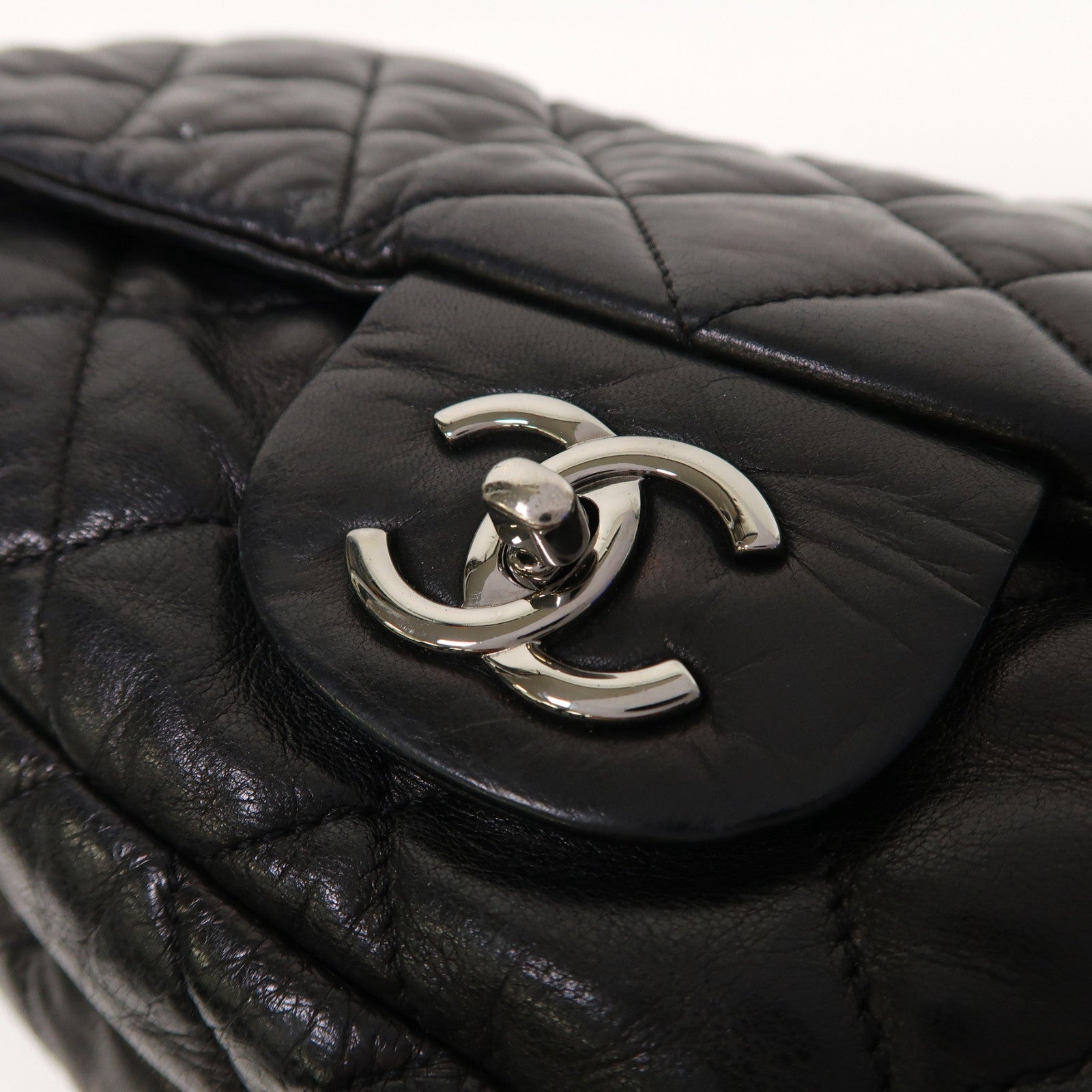 CHANEL 菱格羊皮皮革Chain Shoulder銀扣鏈帶肩背袋黑色