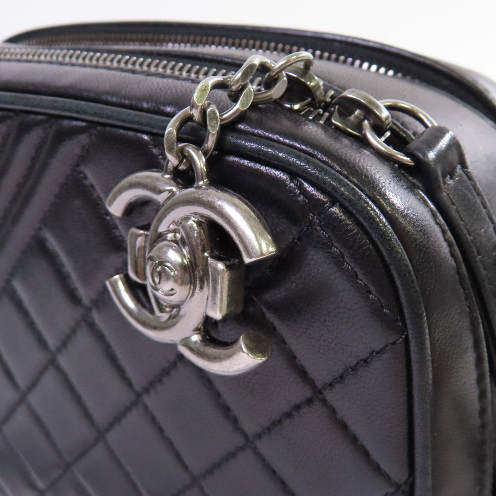 CHANEL 【激減優惠】斜紋/菱格牛皮皮革Coco Boy Camera Bag銀扣鏈帶肩背袋黑色
