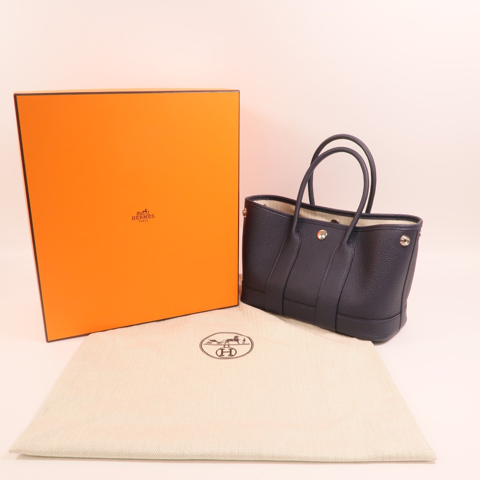 HERMES Negonda皮革Mini Garden Party銀扣手挽袋Bleu Nuit