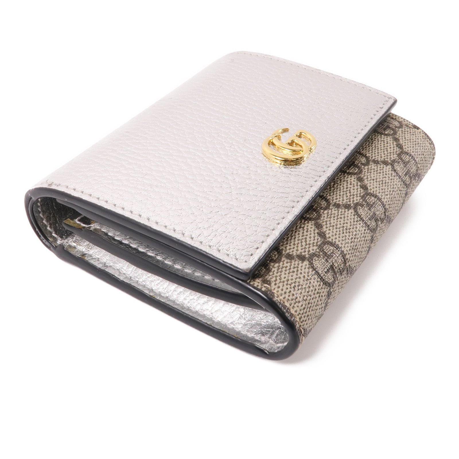 GUCCI 塗層帆布GG Marmont Wallet金扣錢包棕色/銀色
