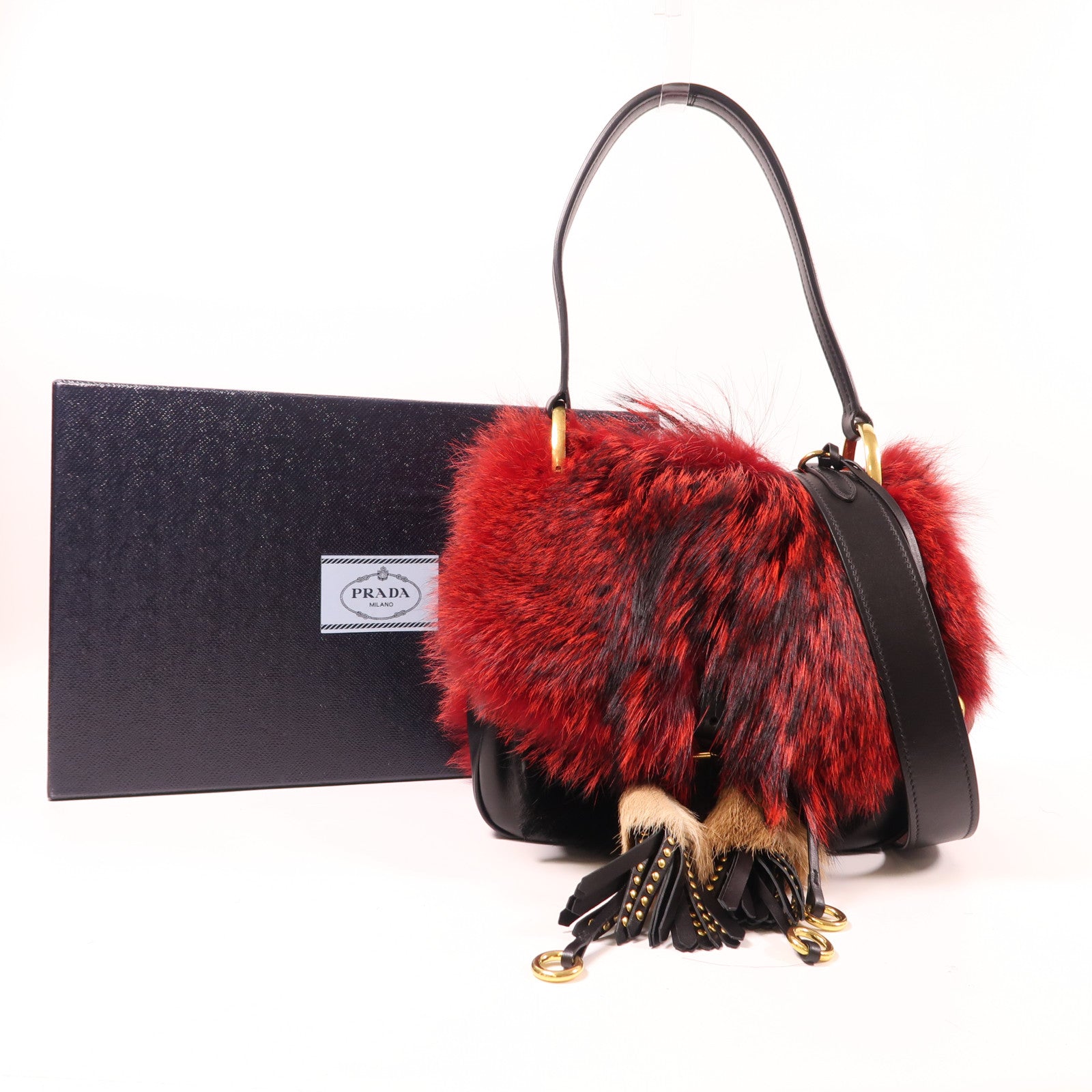 PRADA 狐狸毛/皮革Shoulder Bag金扣手挽肩背兩用袋