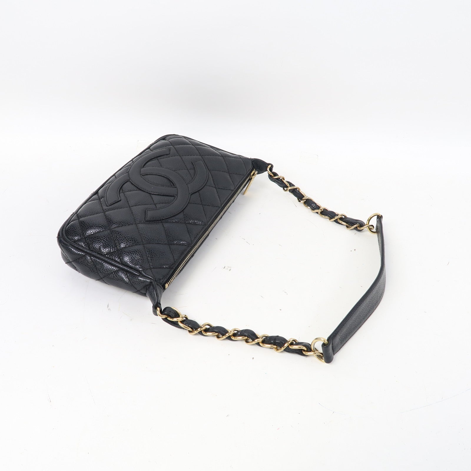 CHANEL 菱格Caviar皮革Vintage金扣鏈帶肩背袋黑色