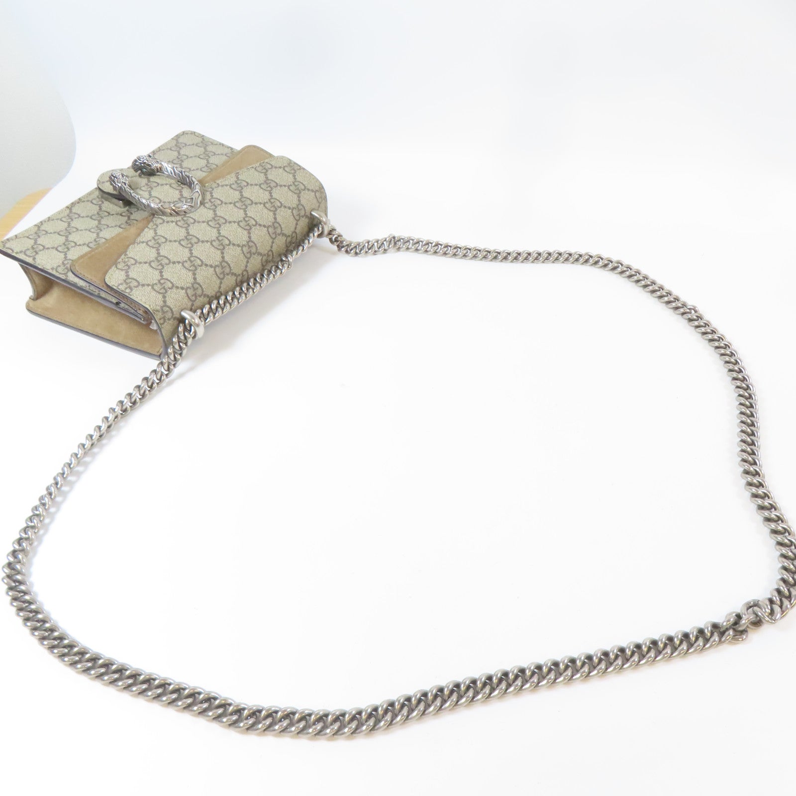 GUCCI 塗層帆布Dionysus Mini銀扣鏈帶肩背袋啡色