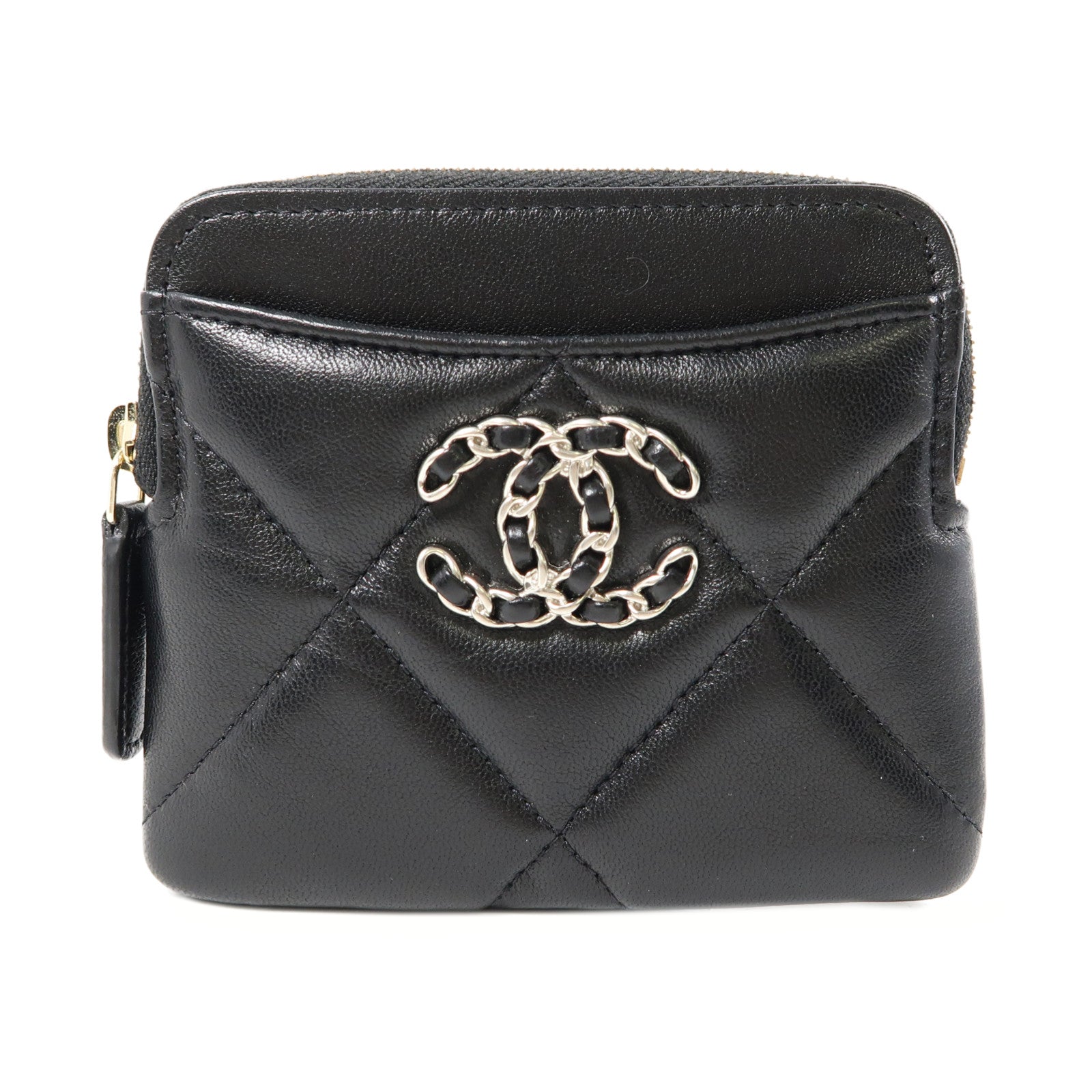 CHANEL 羊皮皮革Zipper Card Holder金扣卡片套黑色