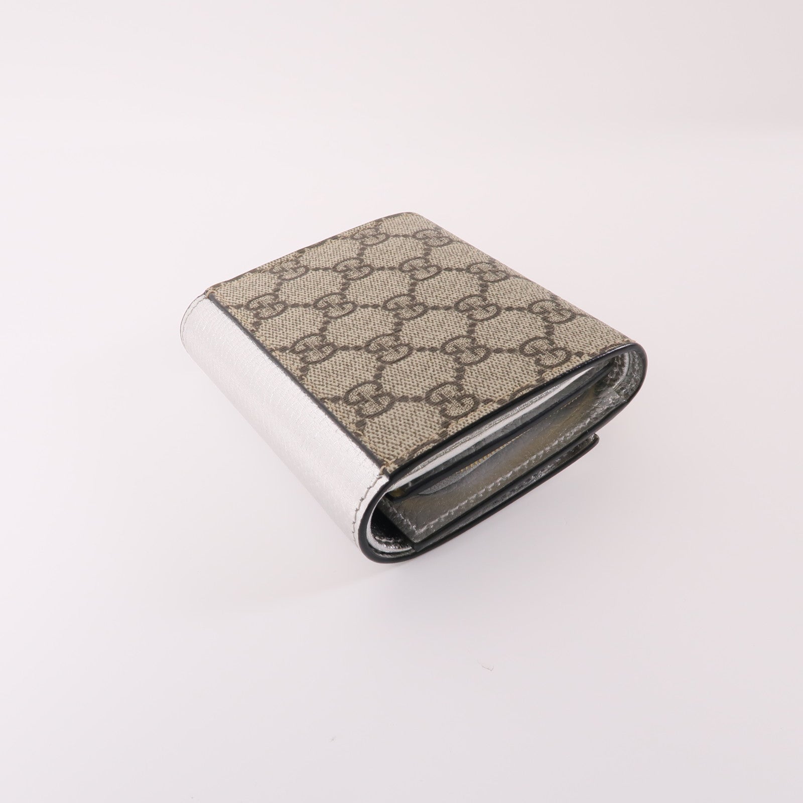 GUCCI 塗層帆布GG Marmont Wallet金扣錢包棕色/銀色